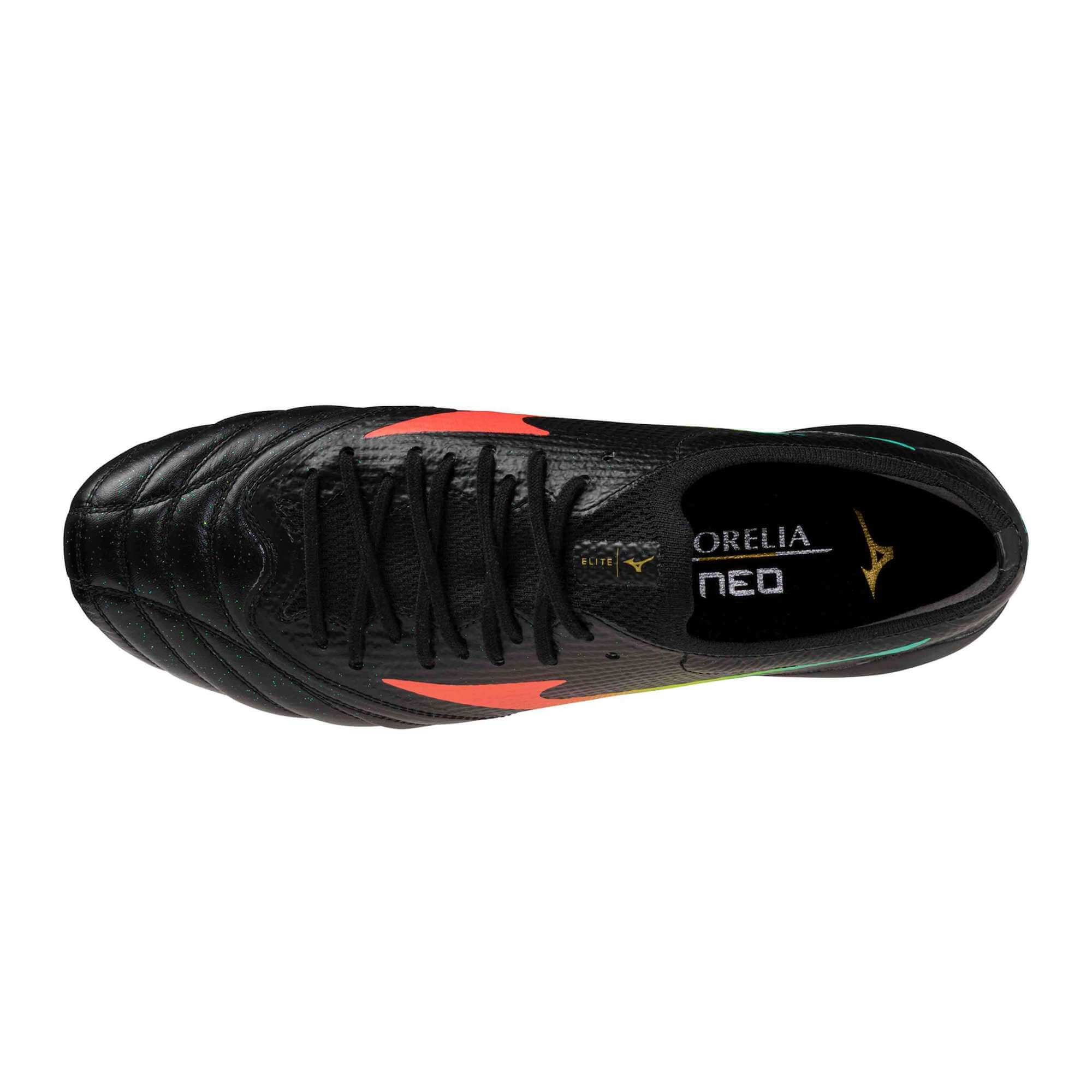 Mizuno Morelia Neo V Beta Elite Firm Ground Soccer Cleats - Bright Black Pack (FA26) Black-Lava Orange (Top)