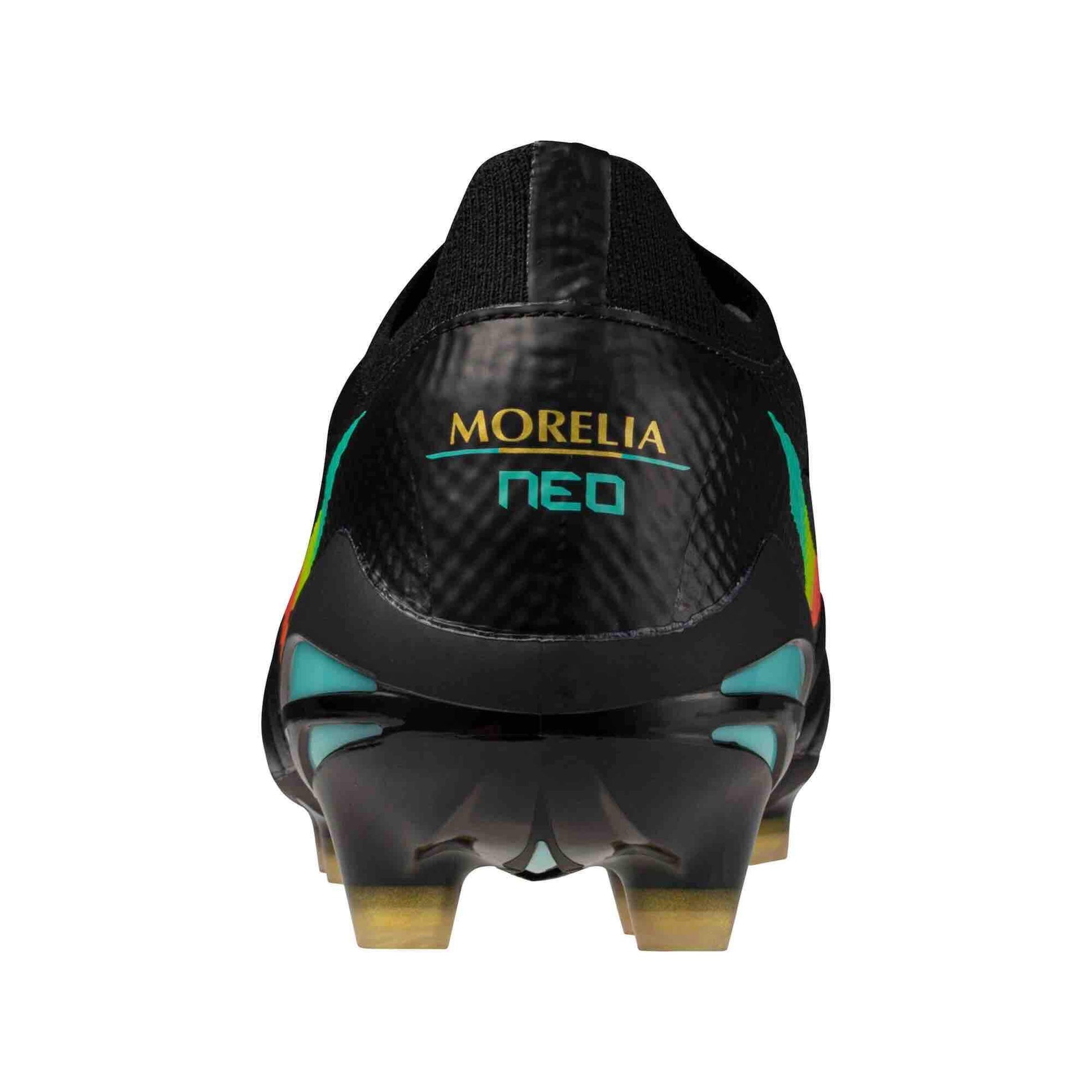 Mizuno Morelia Neo V Beta Pro Firm Ground Soccer Cleats - Bright Black Pack (FA26) Black-Lava Orange (Back)