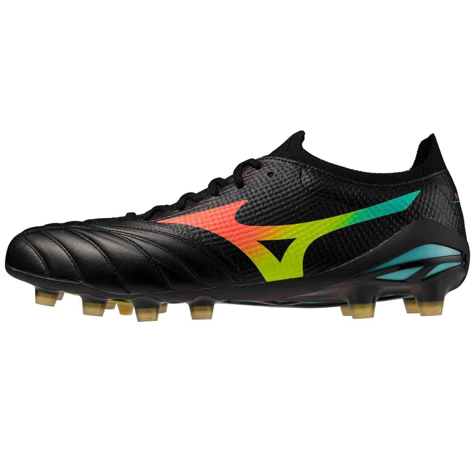 Mizuno Morelia Neo V Beta Pro Firm Ground Soccer Cleats - Bright Black Pack (FA26) Black-Lava Orange (Side 1)
