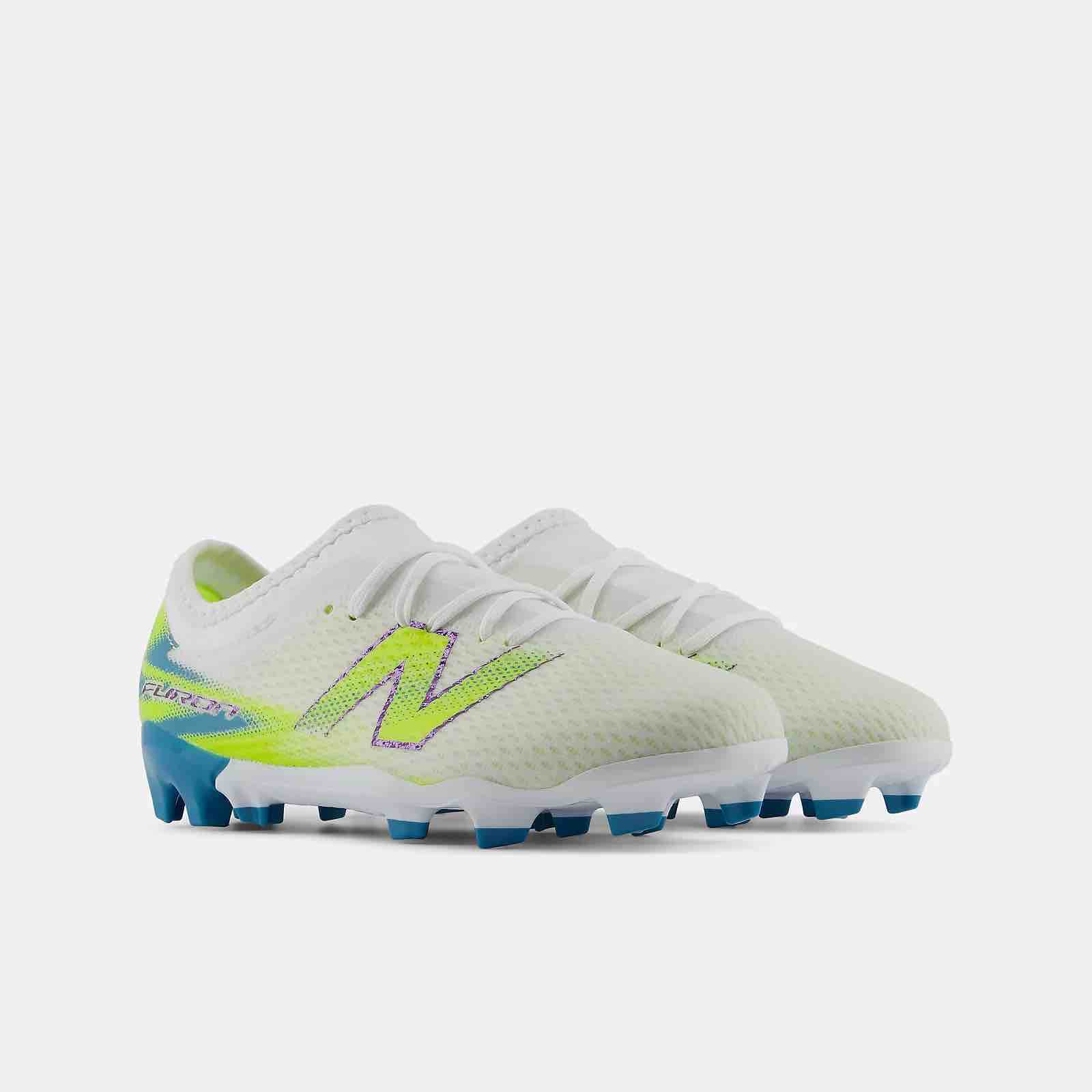 New Balance Kid's Furon Team V9 Wide Firm Ground Soccer Cleats - Neon Tide Pack (FA26) (Pair - Lateral)