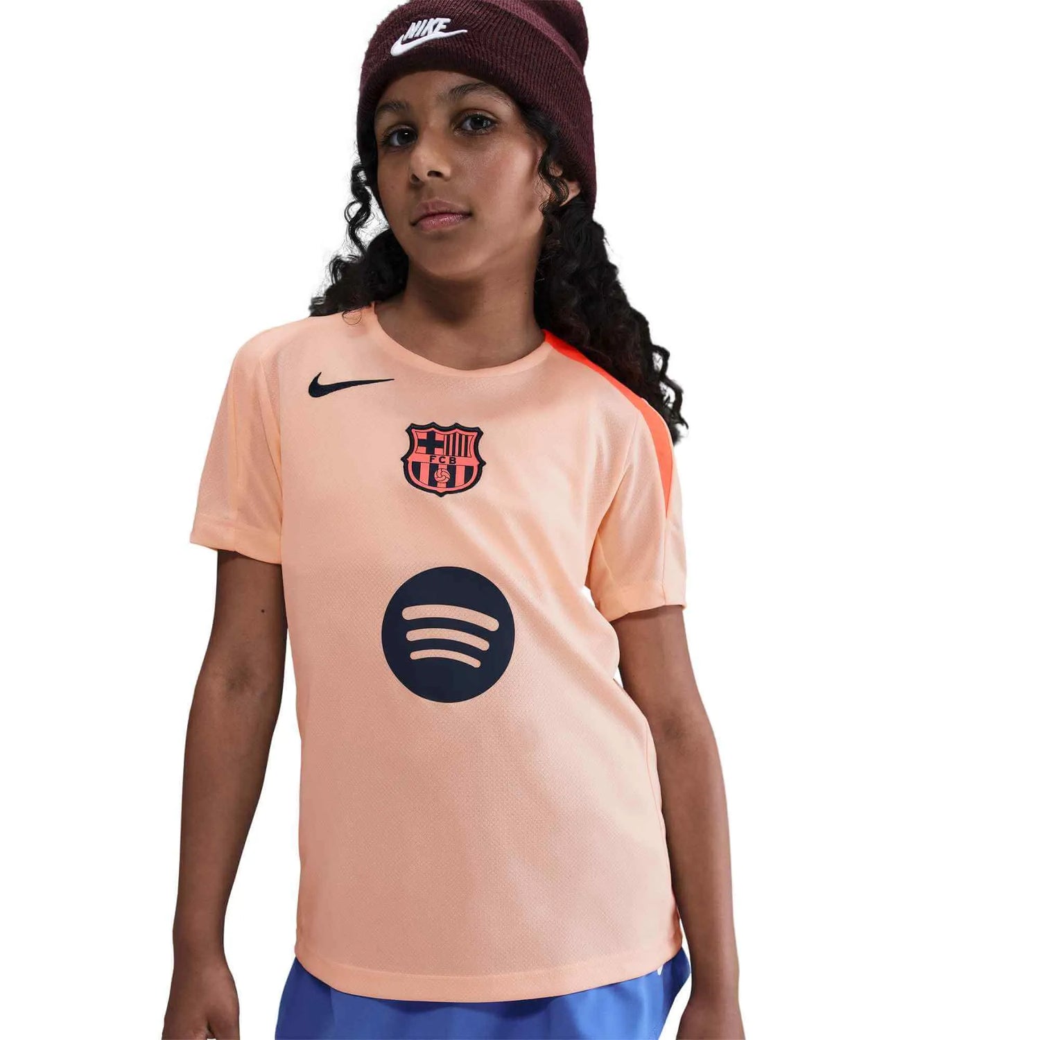 Nike 2025-26 Barcelona Youth DF Strike Top Crimson Tint-Bright Mango-Midnight Navy (Front)