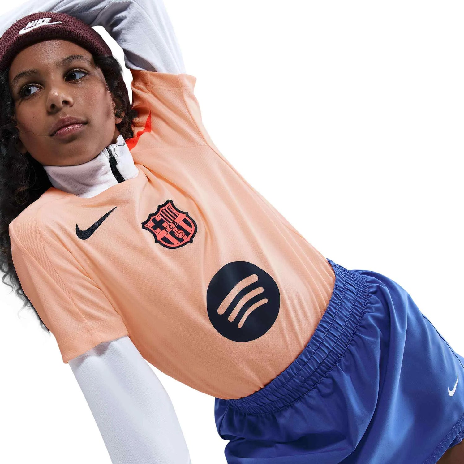 Nike 2025-26 Barcelona Youth DF Strike Top Crimson Tint-Bright Mango-Midnight Navy (Side)