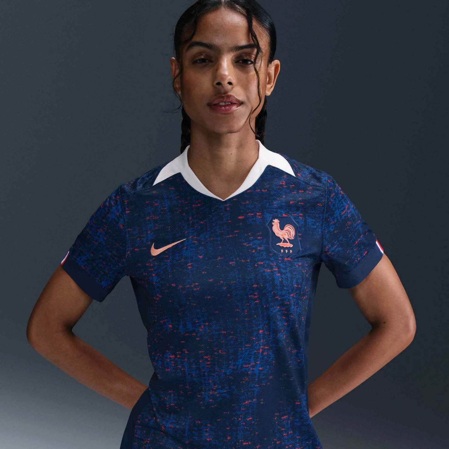 Nike 2025 France Women's Stadium Home Soccer Jersey (Model - Front)