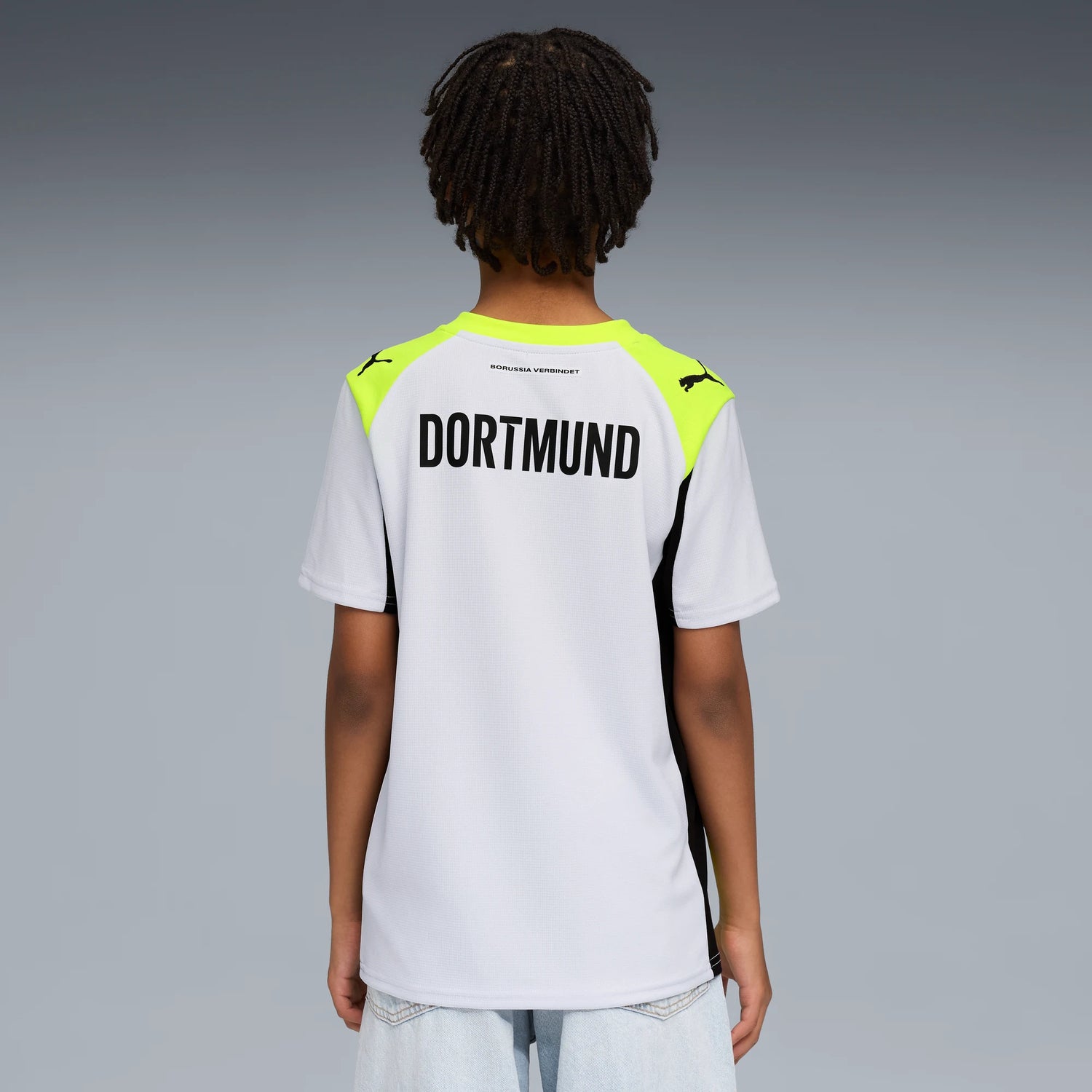 Puma 2025-26 Borussia Dortmund Youth Stadium Away Soccer Jersey (Model - Back)