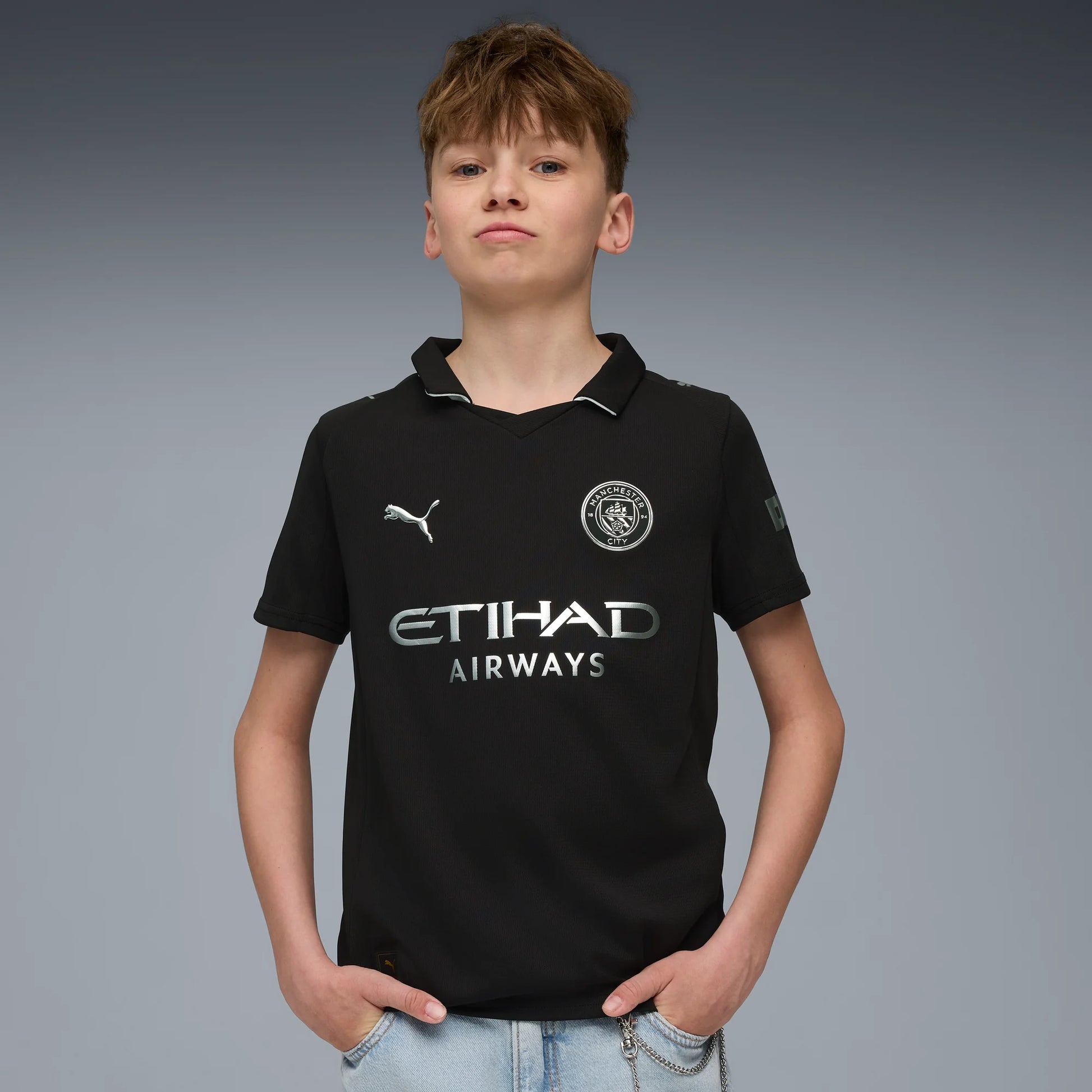 Puma 2025-26 Manchester City Youth Stadium Away Soccer Jersey (Model - Front)