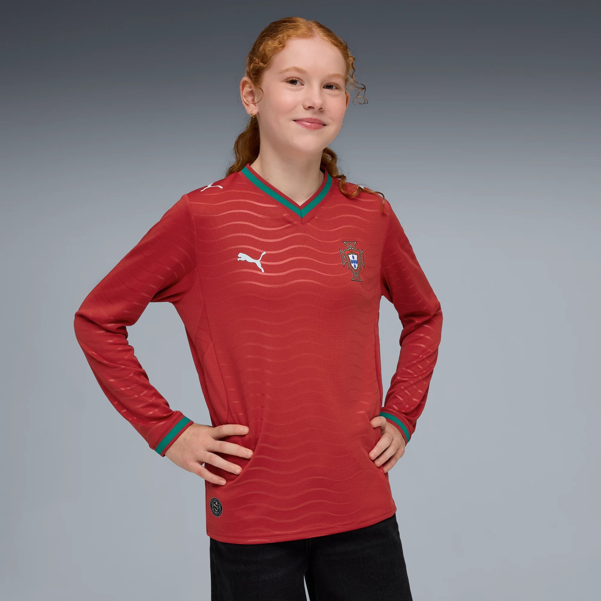 Puma 2026 Portugal Youth Stadium Home Long-Sleeve Jersey (Model - Front)