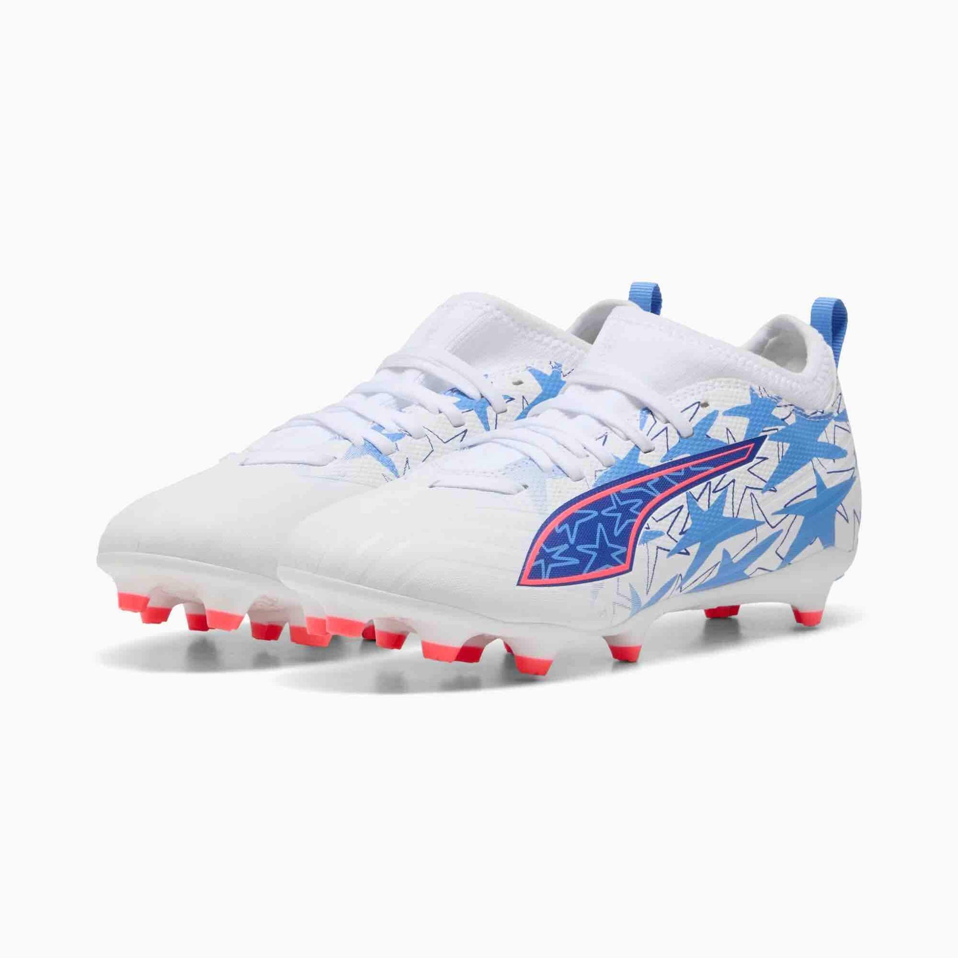 Puma Junior Ultra 6 Match KidSuper x Christian Pulisic Firm_Artificial Ground Soccer Cleats Puma White-Pink Lilac-Dusky Blue (Pair - Lateral)