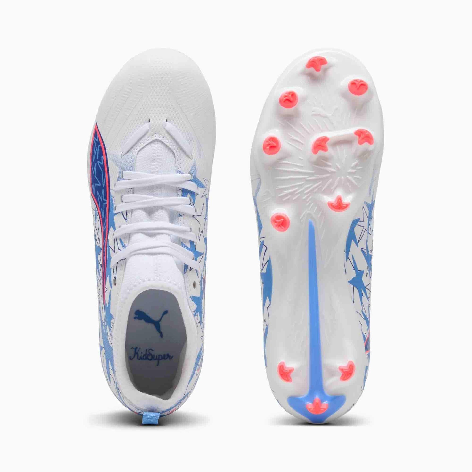 Puma Junior Ultra 6 Match KidSuper x Christian Pulisic Firm_Artificial Ground Soccer Cleats Puma White-Pink Lilac-Dusky Blue (Pair - Top and Bottom)