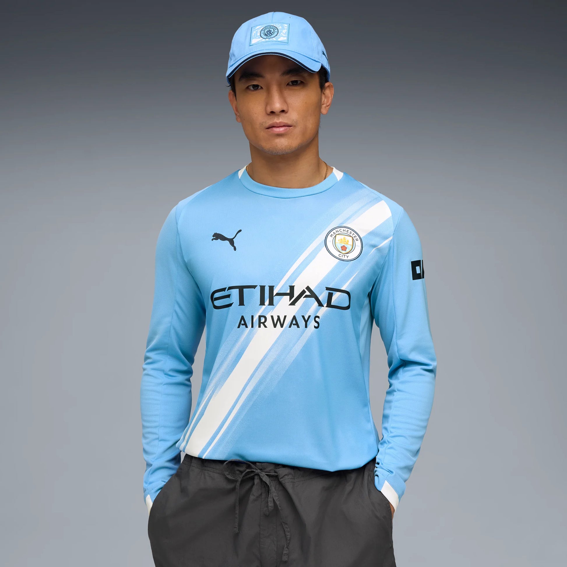 Puma 2025-26 Manchester City Men's Stadium Home Long-Sleeve Soccer Jersey (Model - Front)