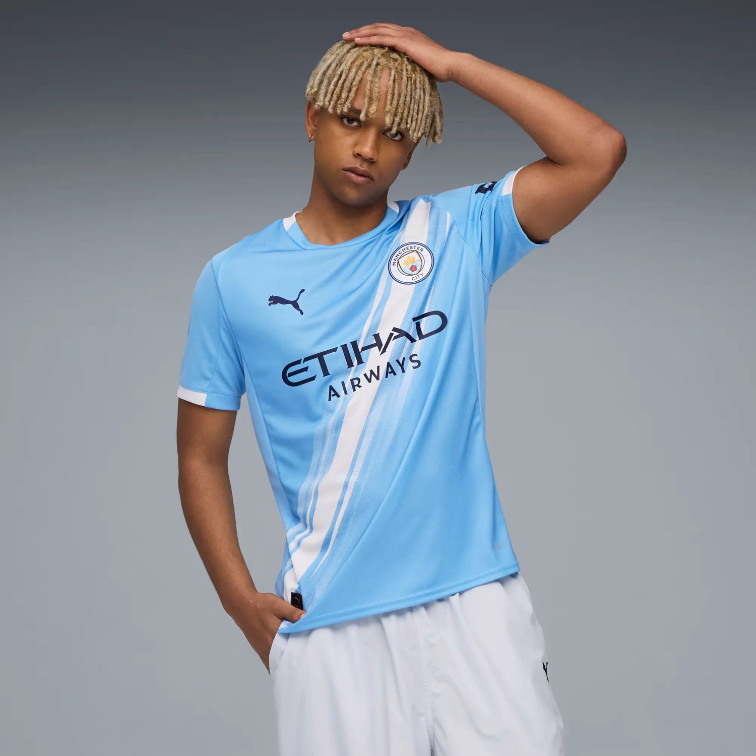 Puma 2025-26 Manchester City Men's Stadium Home Soccer Jersey (Model - Front)