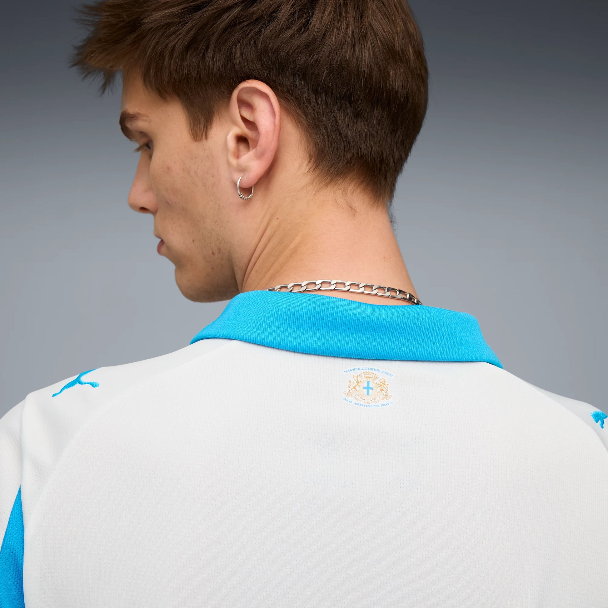 Puma 2025-26 Olympique de Marseille Men's Stadium Home Soccer Jersey (Detail 1)