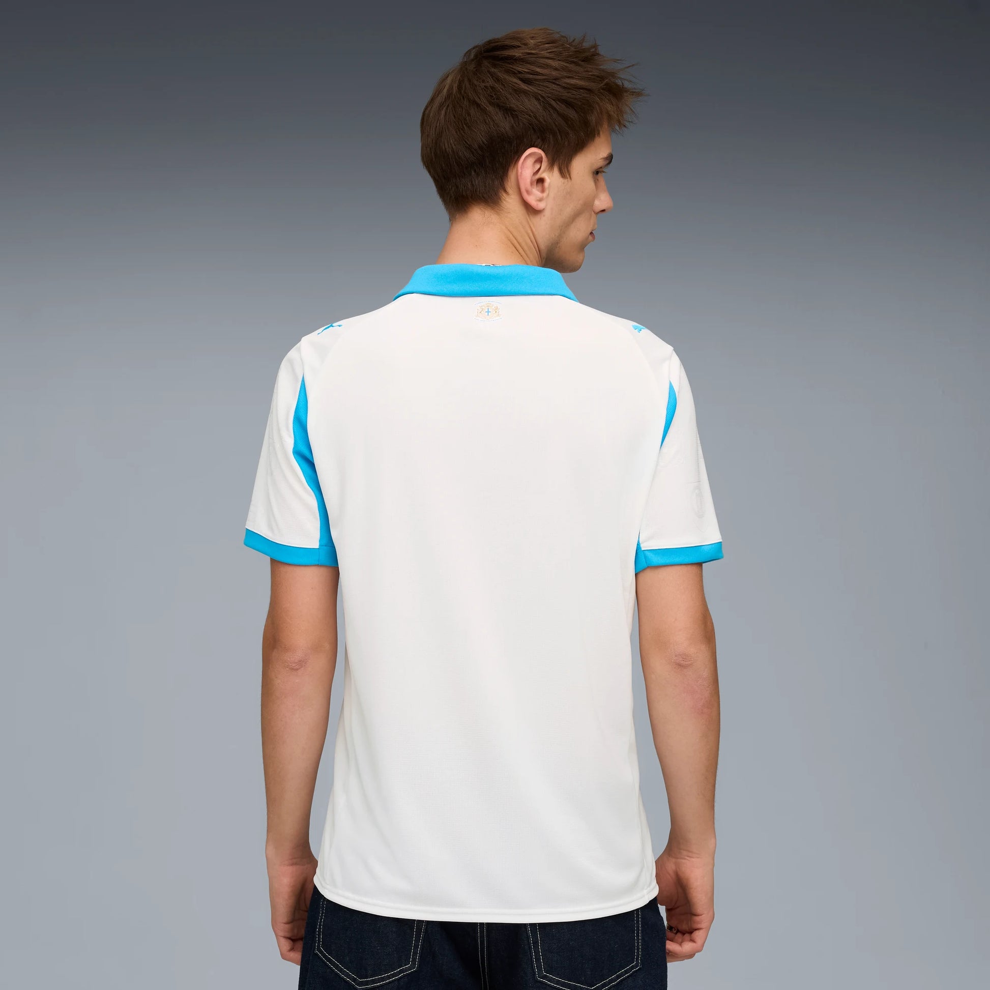 Puma 2025-26 Olympique de Marseille Men's Stadium Home Soccer Jersey (Model - Back)