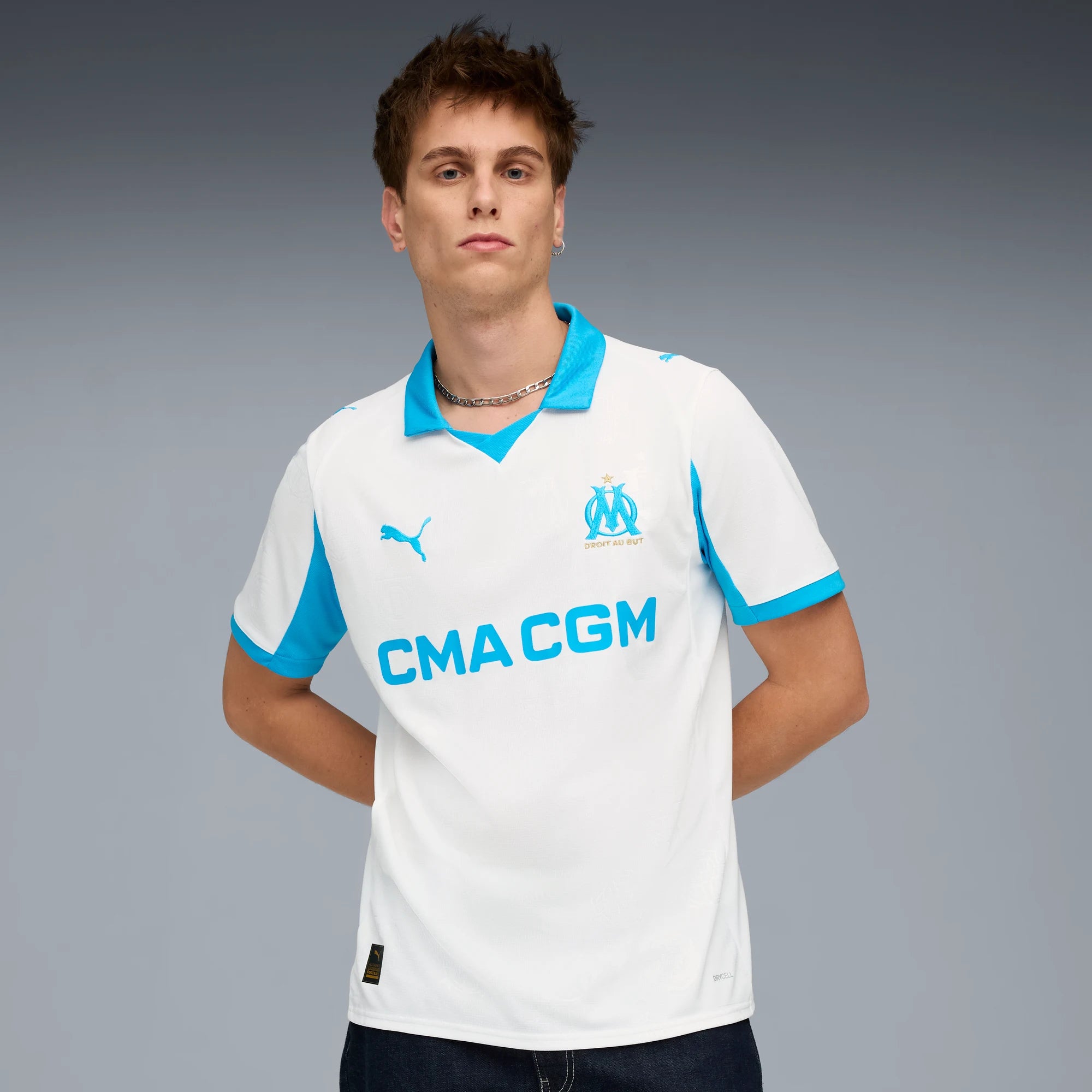 Puma 2025-26 Olympique de Marseille Men's Stadium Home Soccer Jersey (Model - Front)