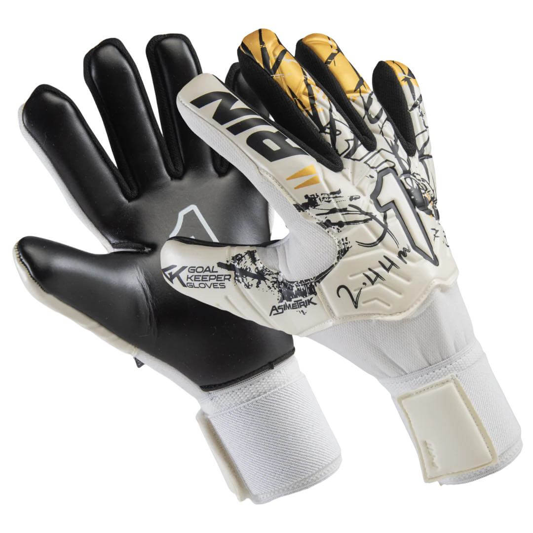 Rinat Youth Asimetrik Training Spines Finger Protection Goalkeeper Glove White/Gold (Pair - Lateral)
