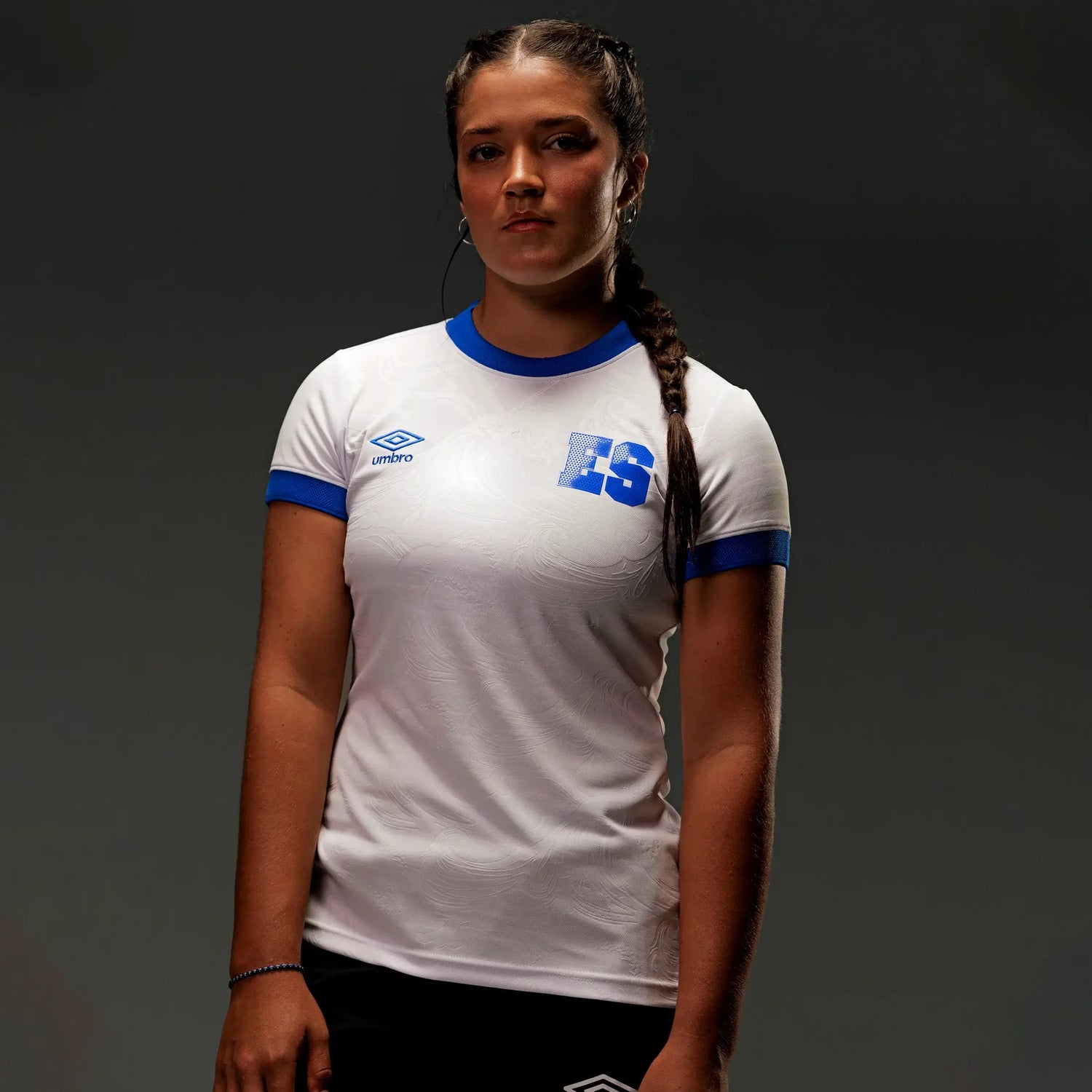 Umbro 2025-26 El Salvador Men's Stadium Away Soccer Jersey (Female Model - Front)