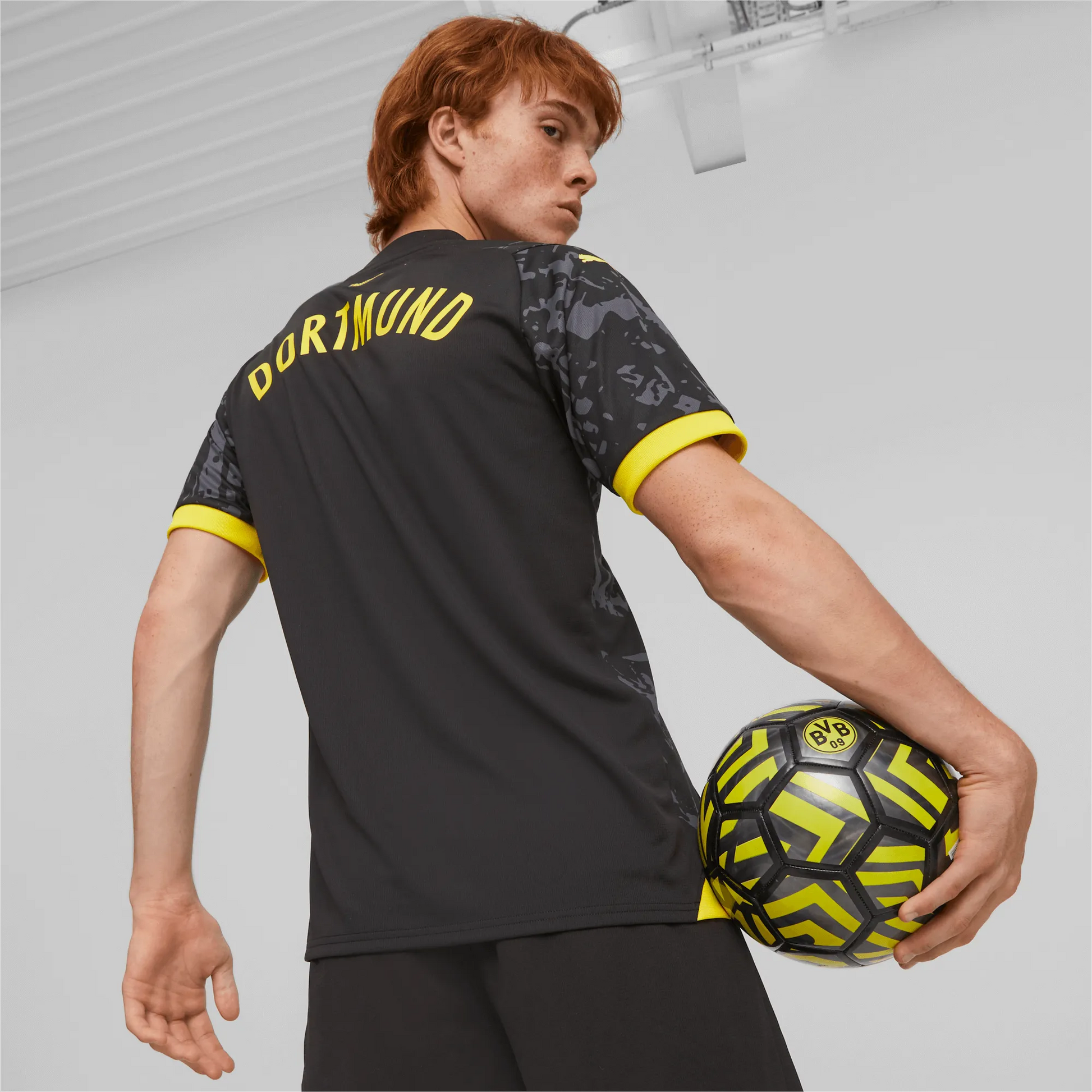 Puma 2023-24 Borussia Dortmund Men's Stadium Away Jersey (Model - Back)