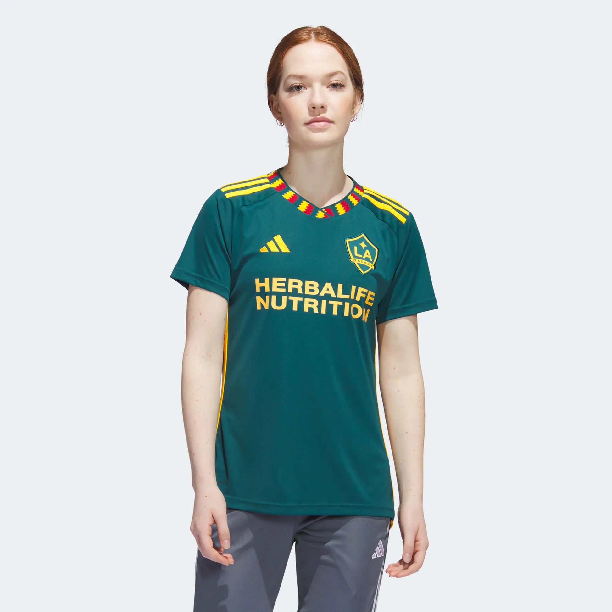 adidas 2023-24 LA Galaxy Women's Away Jersey - Mystery Green-Team Gold (Model - Front)