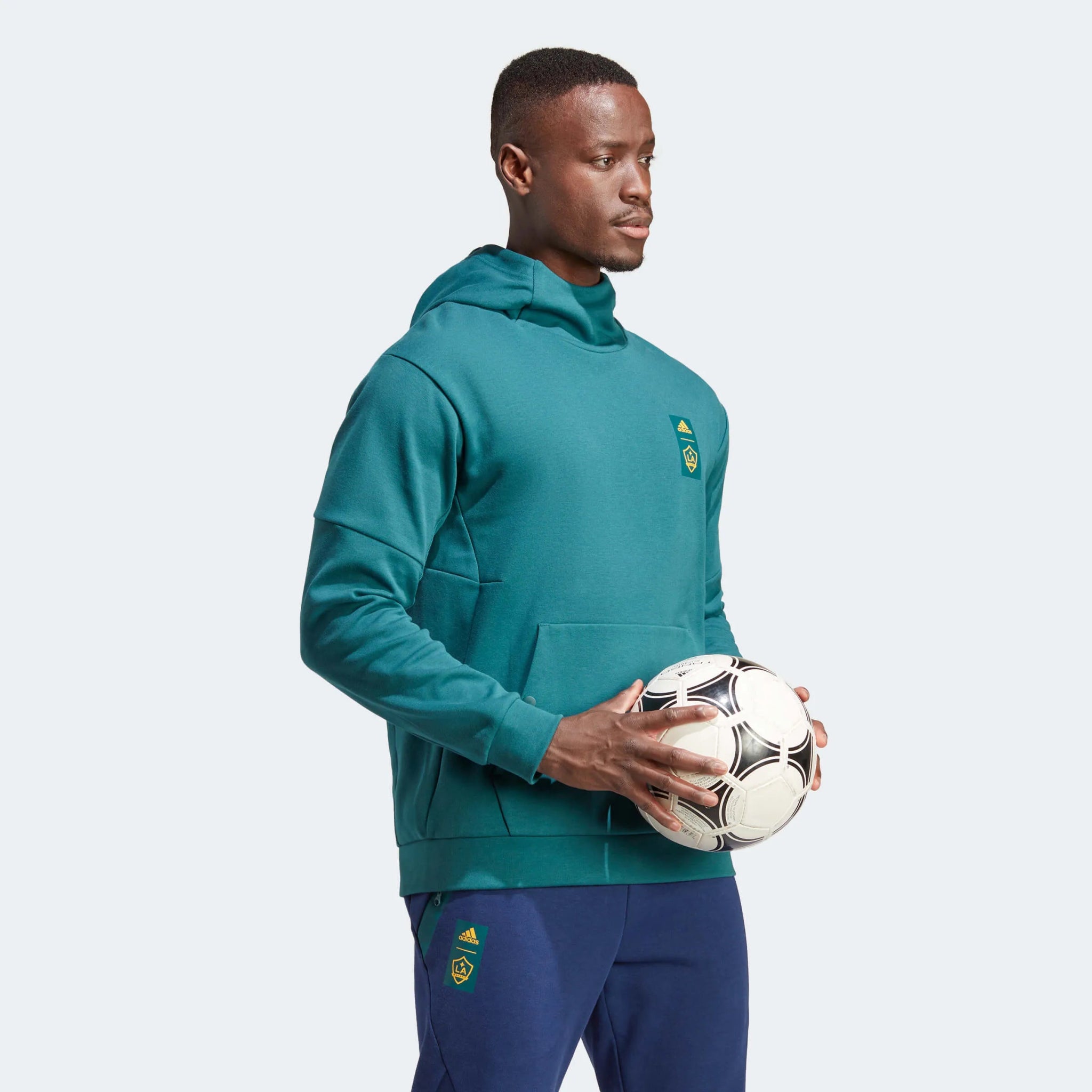adidas 2023 LA Galaxy Travel Hoodie - Mystery Green (Model - Side)