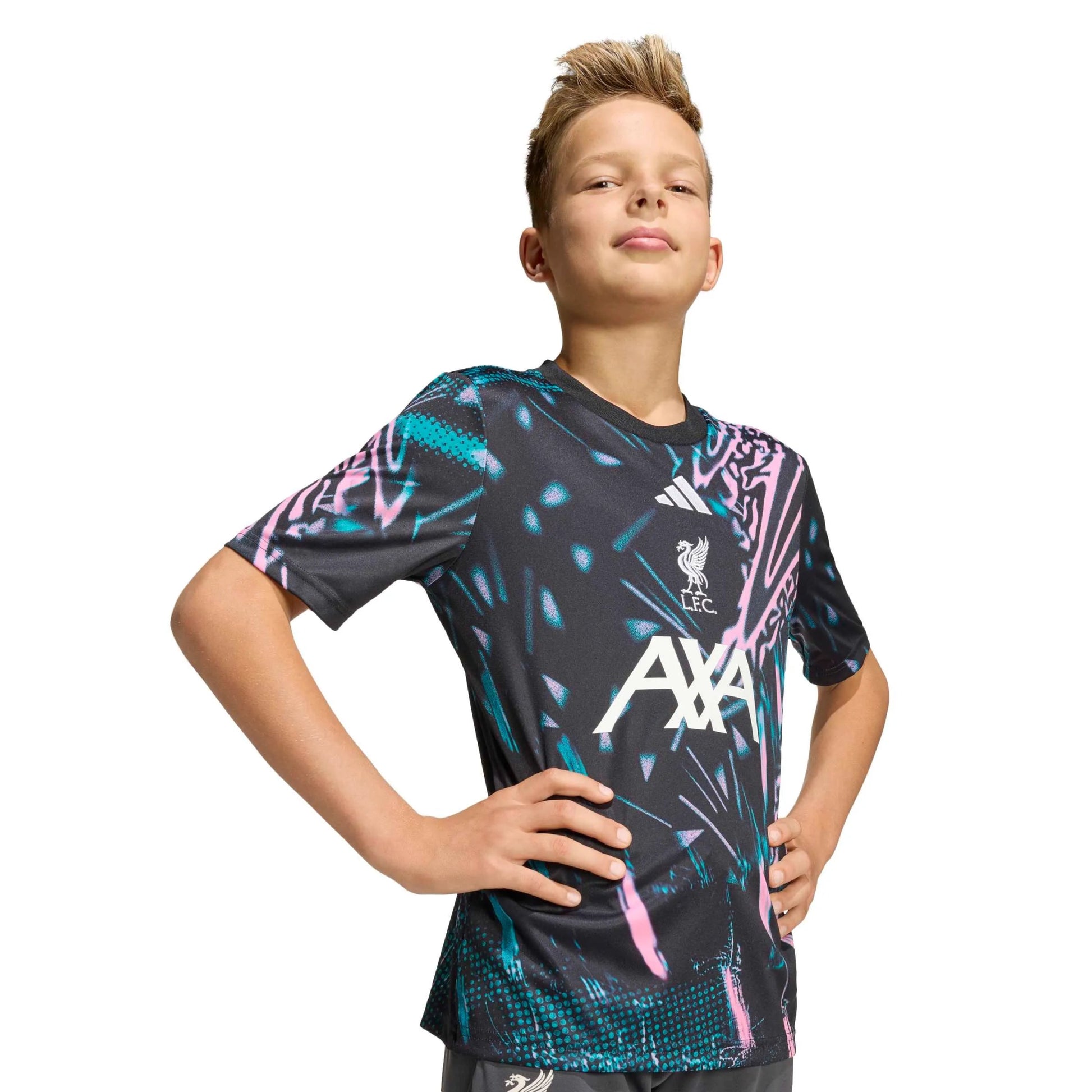 adidas 2025-26 Liverpool Youth Pre-Match Soccer Jersey Black / Eqt Green / Semi Pink Glow (Model - Side)