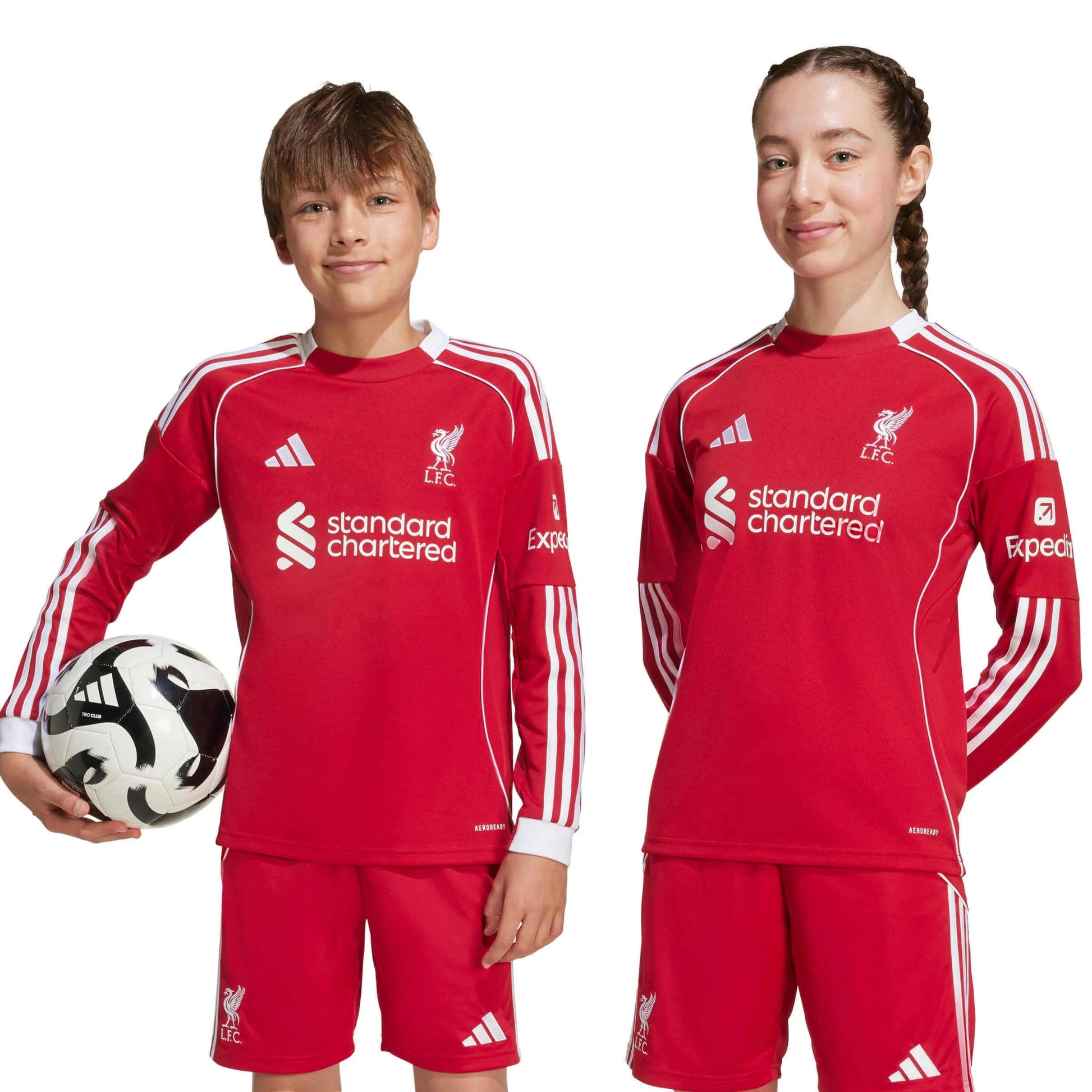 adidas 2025-26 Liverpool Youth Stadium Home Long-Sleeve Soccer Jersey (Models - Front)