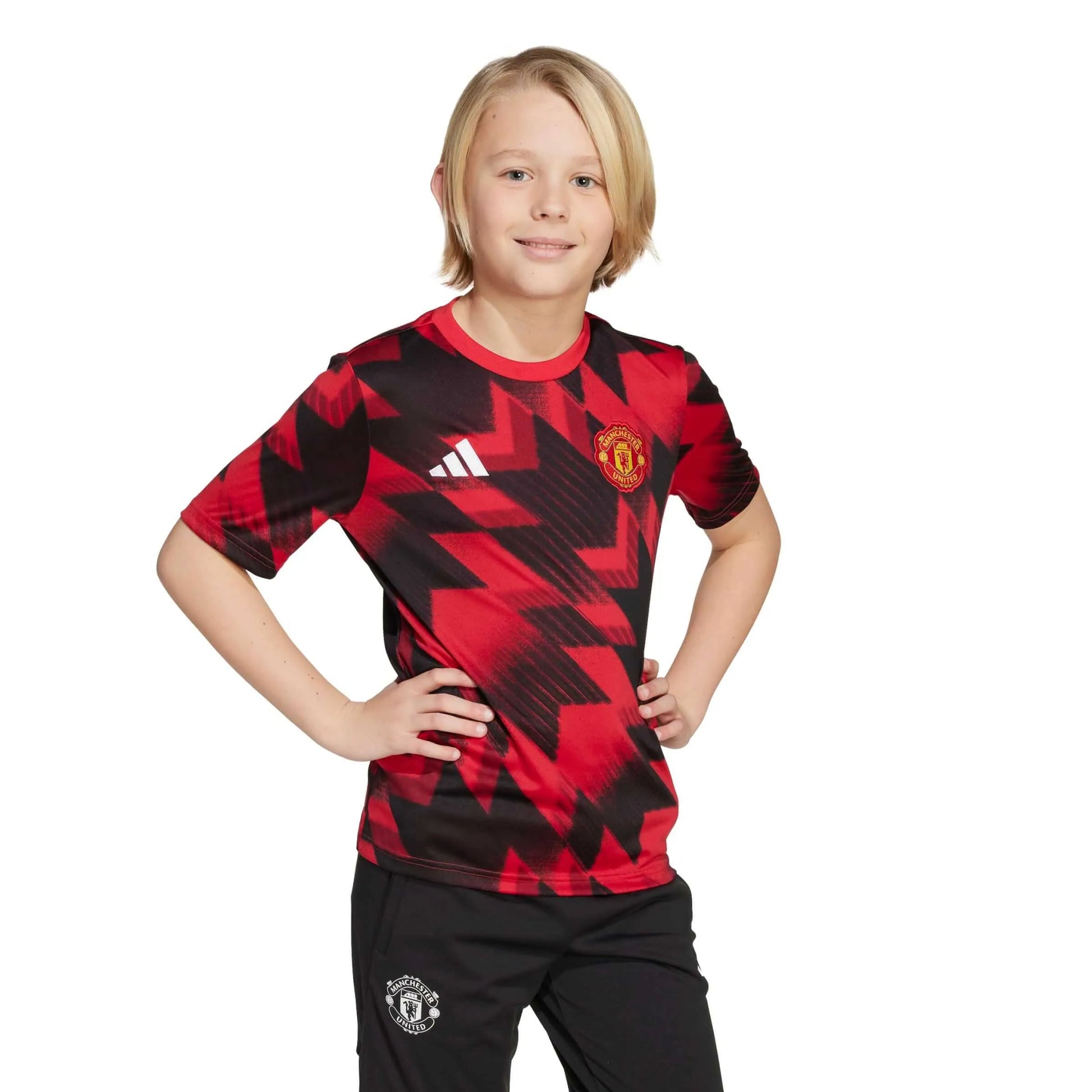 adidas 2025-26 Manchester United Youth Pre-Match Soccer Jersey (Model - Front)