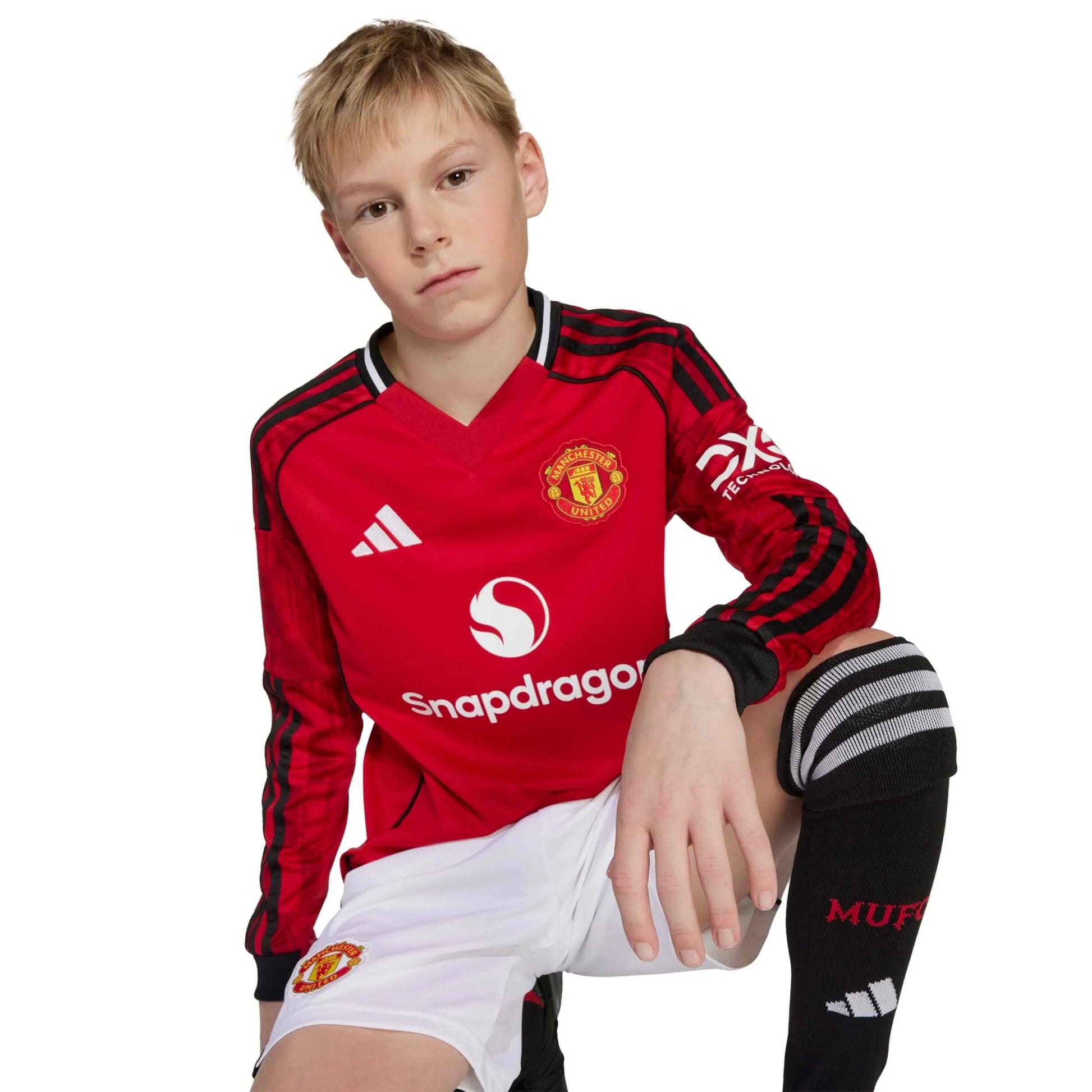 adidas 2025-26 Manchester United Youth Stadium Home Long-Sleeve Soccer Jersey (Detail 1)