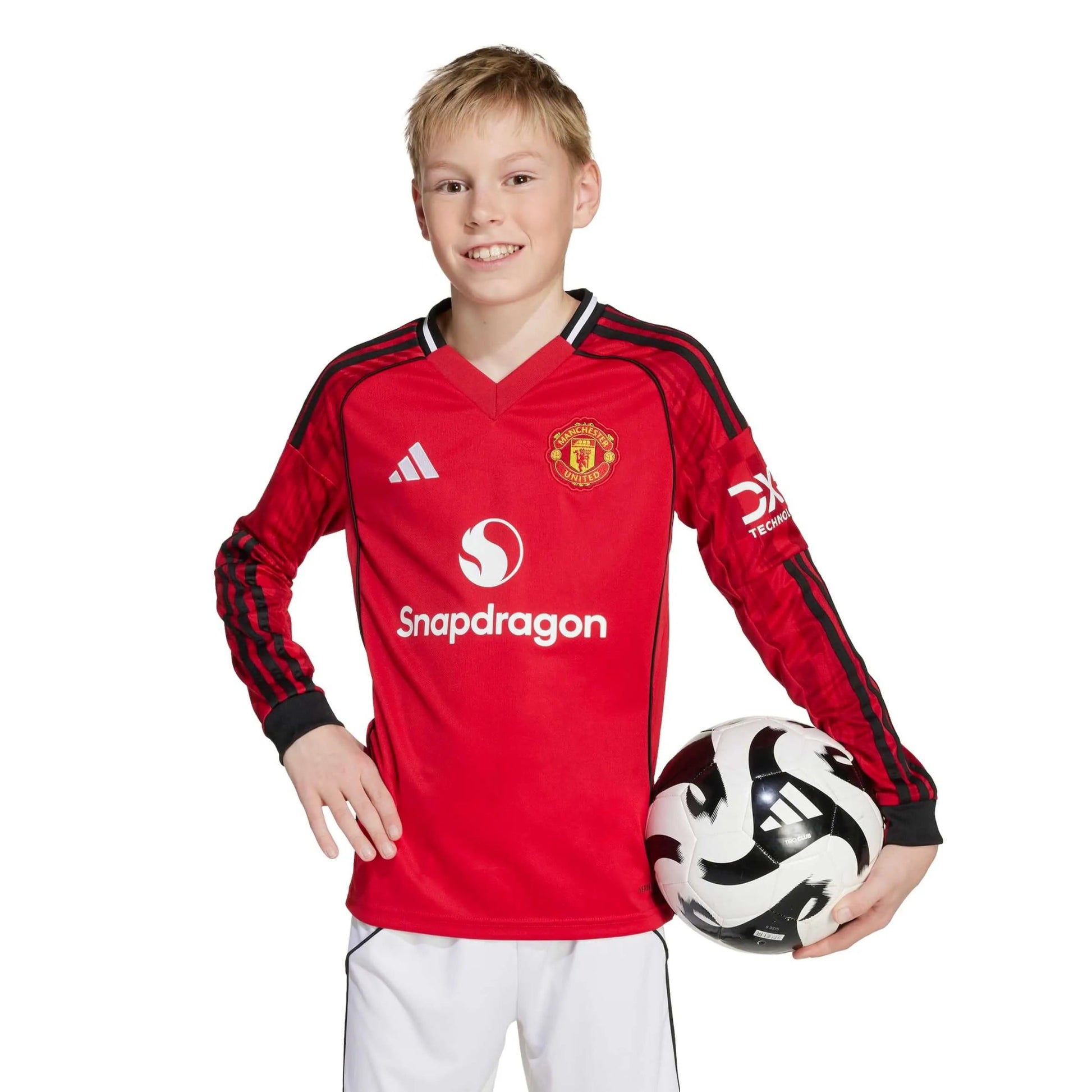 adidas 2025-26 Manchester United Youth Stadium Home Long-Sleeve Soccer Jersey (Model - Front)