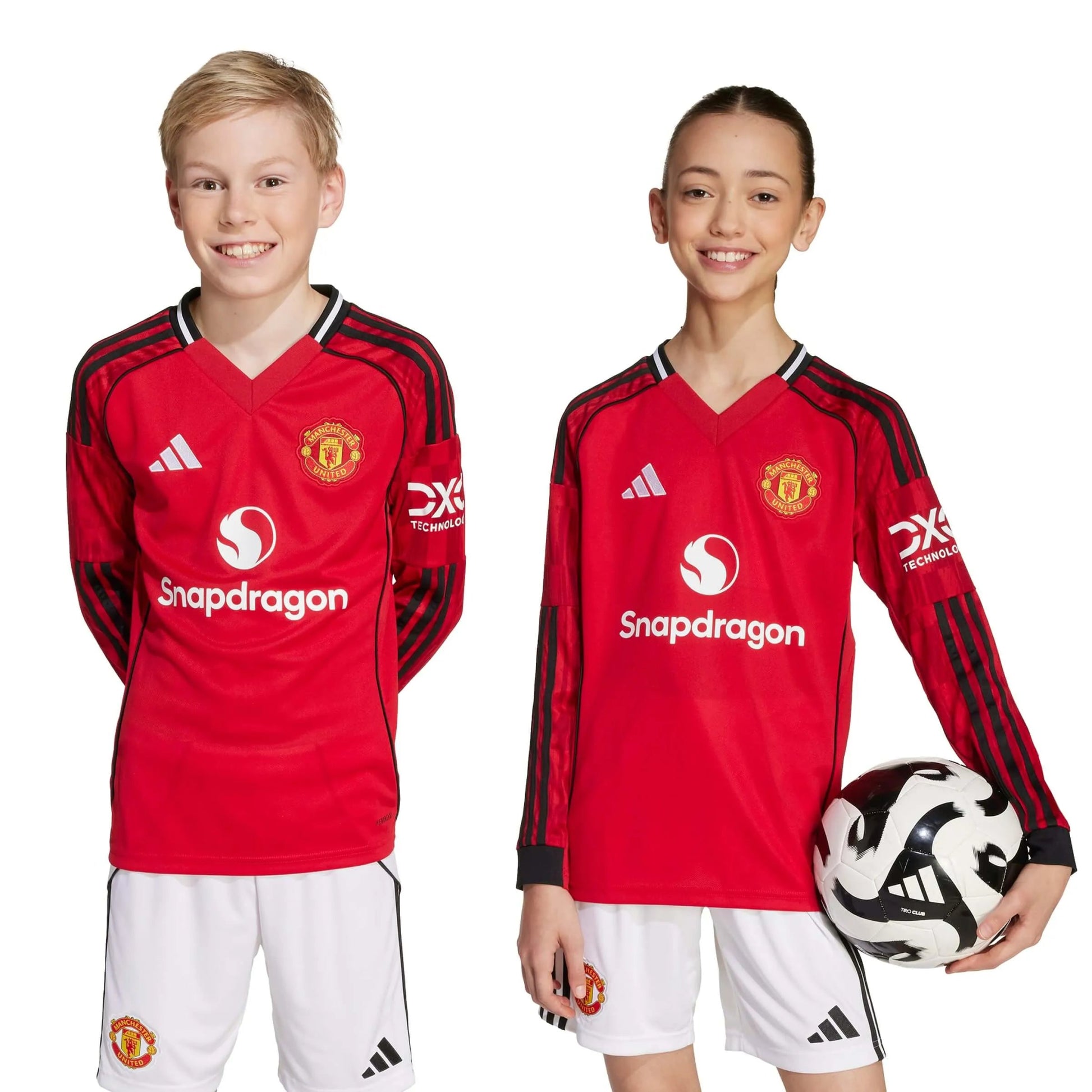 adidas 2025-26 Manchester United Youth Stadium Home Long-Sleeve Soccer Jersey (Models - Front)