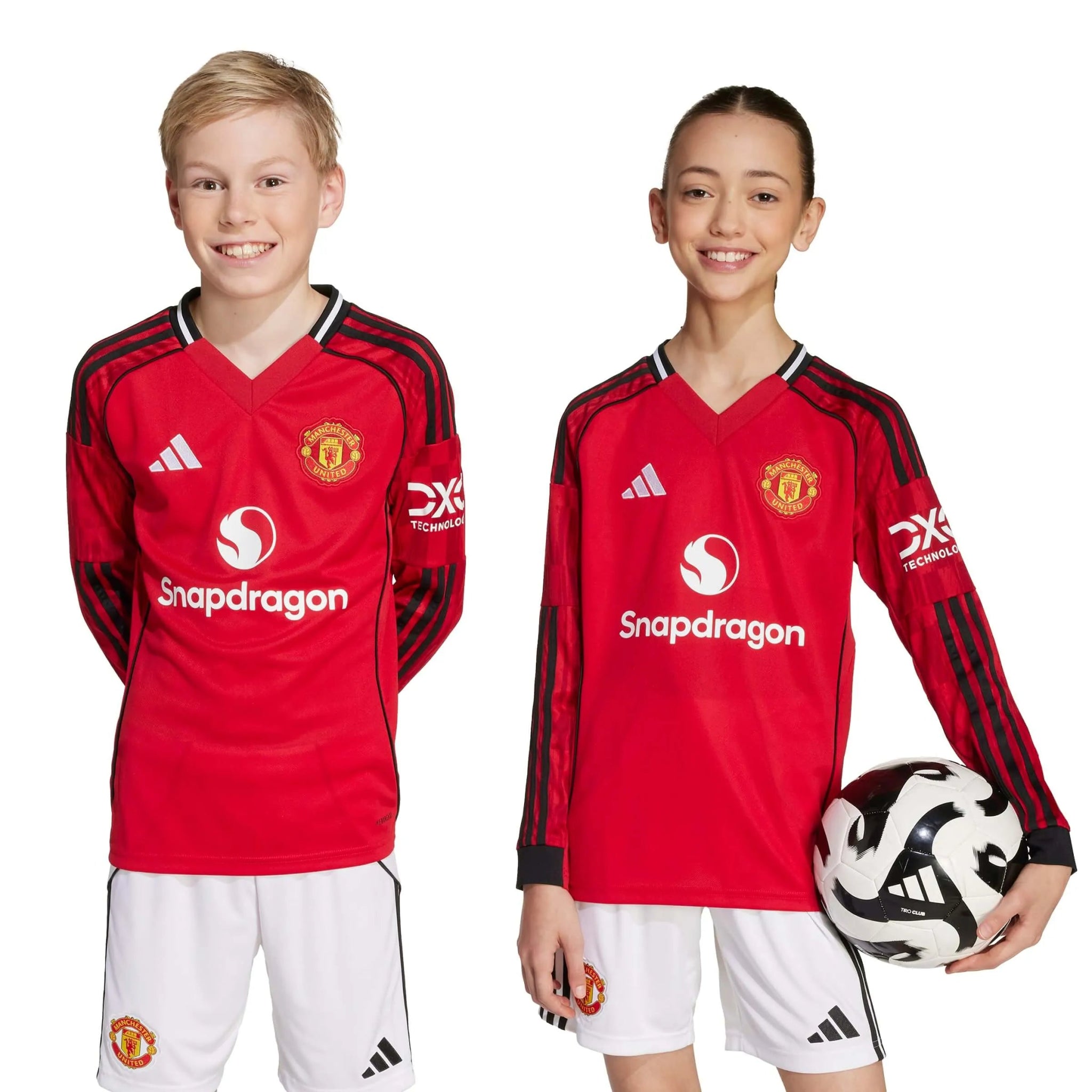 adidas 2025-26 Manchester United Youth Stadium Home Long-Sleeve Soccer Jersey (Models - Front)