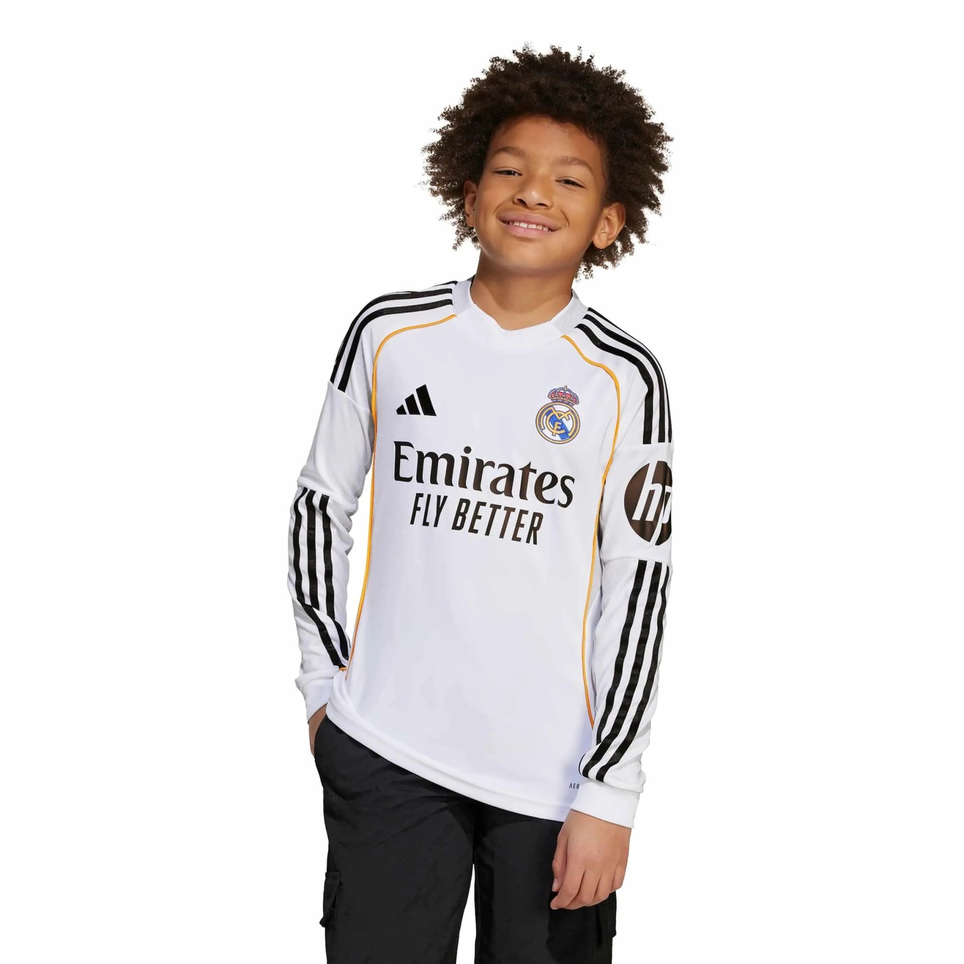 adidas 2025-26 Real Madrid Youth Stadium Home Long-Sleeve Soccer Jersey (Model - Front)