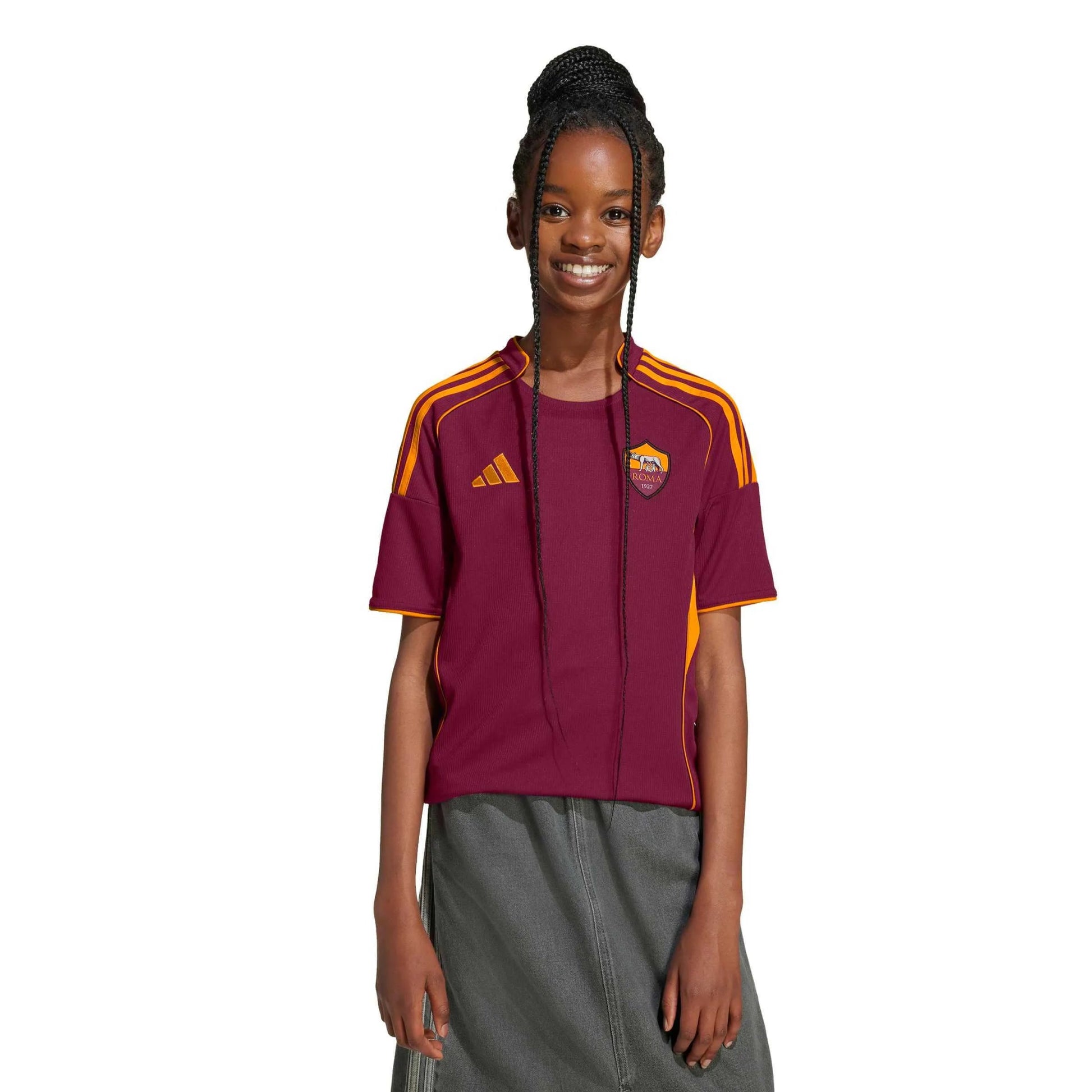 adidas 2025-26 Roma Youth Stadium Home Soccer Jersey (Model - Front)