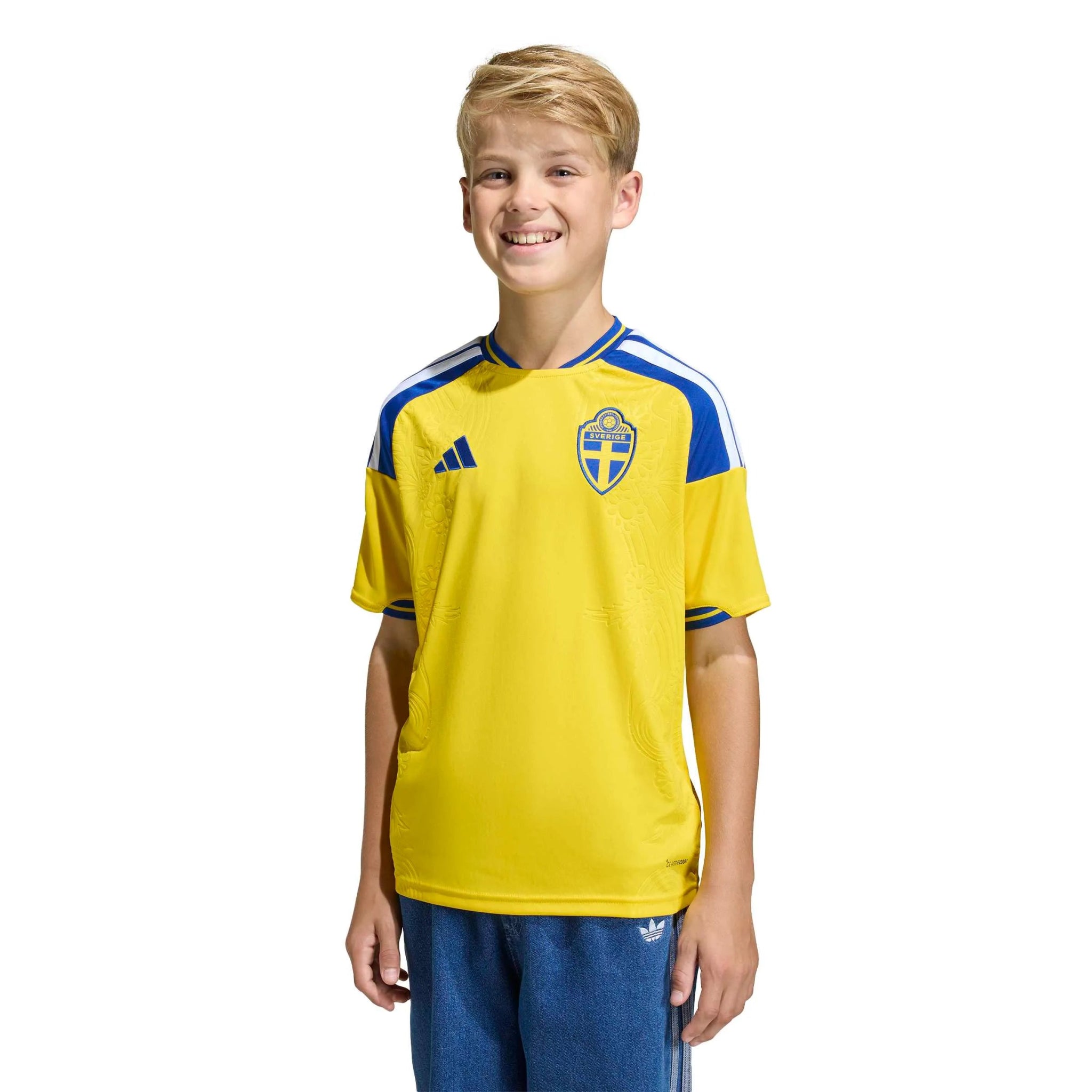 adidas 2026 Sweden Youth Stadium Home Soccer Jersey (Model - Front)