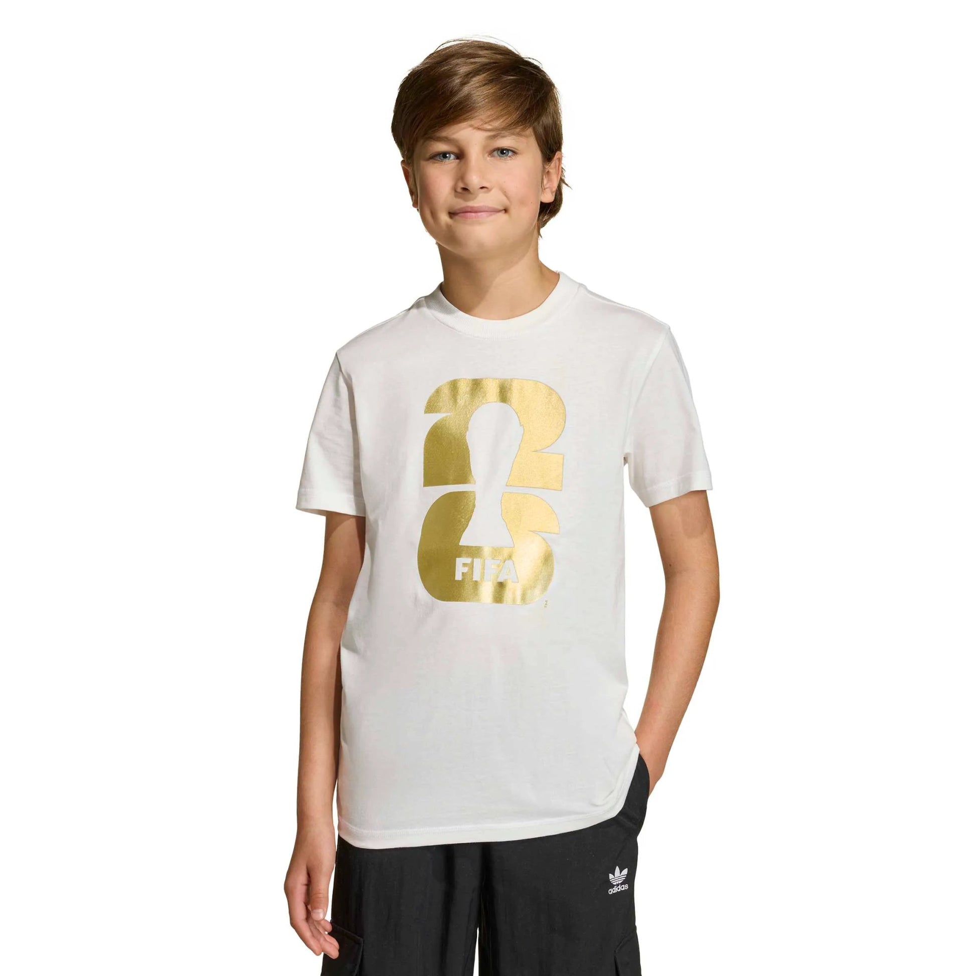 adidas 2026 World Cup Youth Official Emblem Tee White (Model - Front)