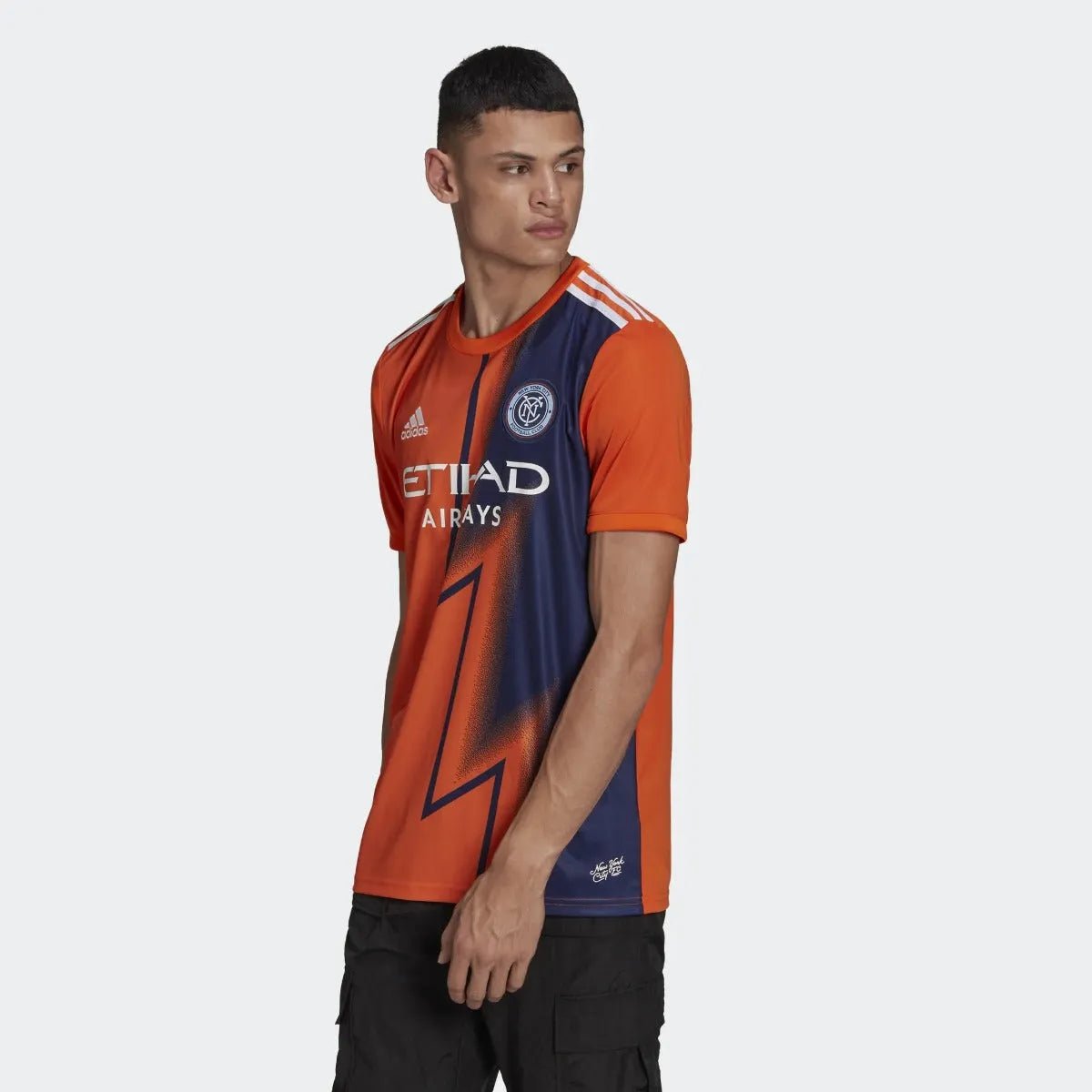 adidas 22-23 New York City FC Away Jersey - Orange-Night Sky (Model - Front)