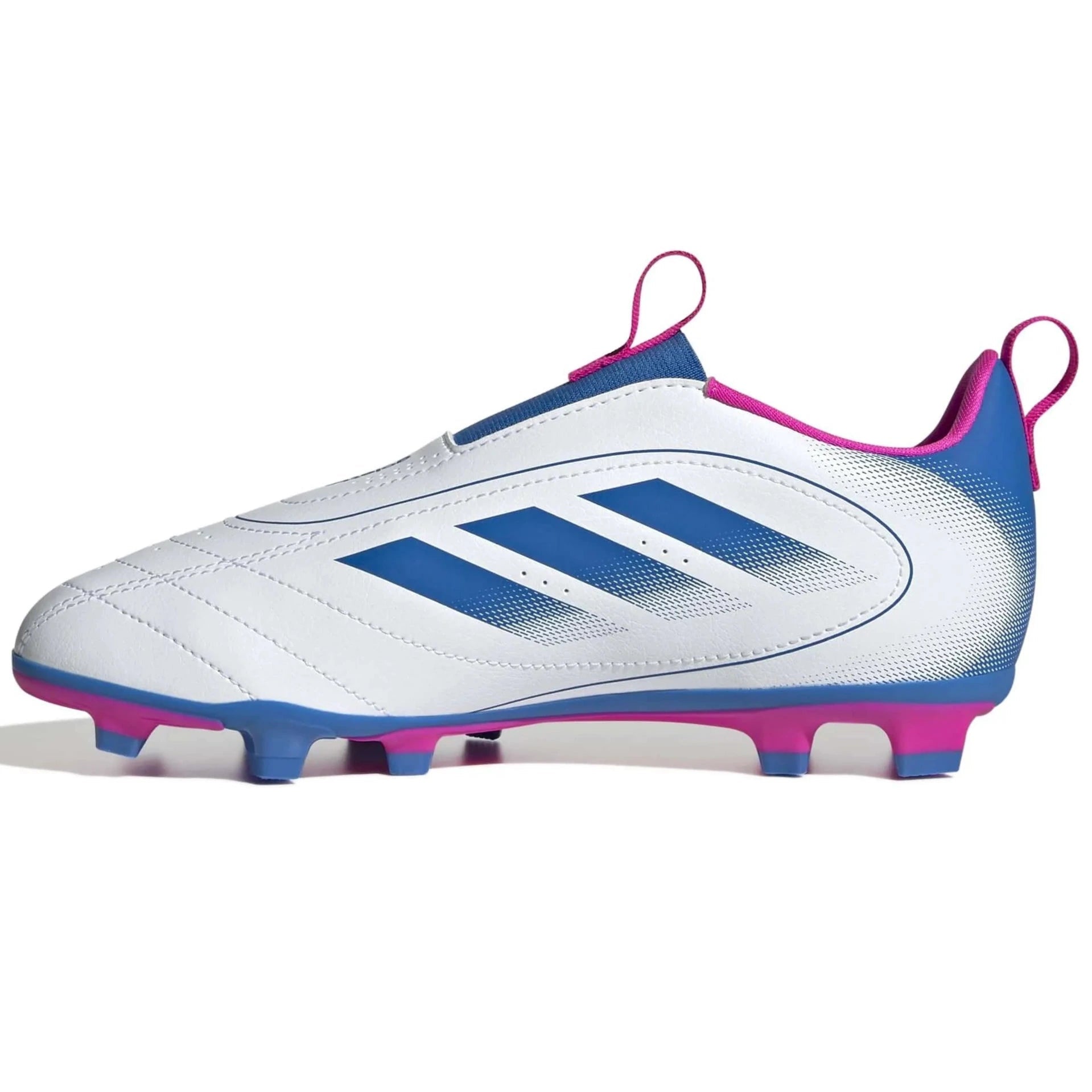 adidas Kid's Goletto IX Laceless Firm-Multi Ground Soccer Cleats Cloud White / Bright Royal / Team Shock Pink 2 (Side 2)