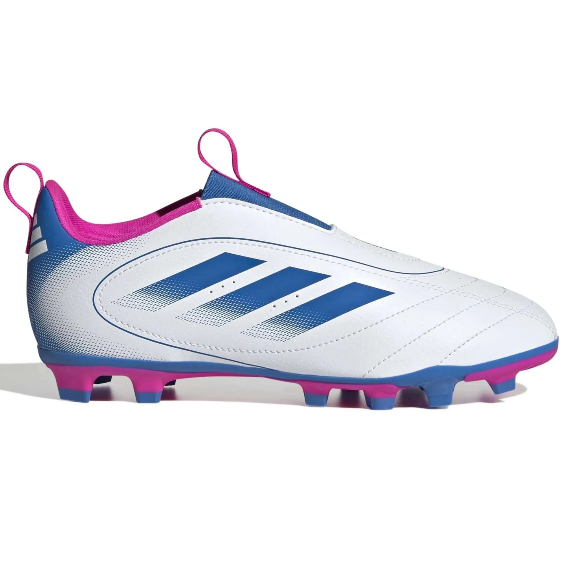 adidas Kid's Goletto IX Laceless Firm-Multi Ground Soccer Cleats Cloud White / Bright Royal / Team Shock Pink 2 (Side 1)
