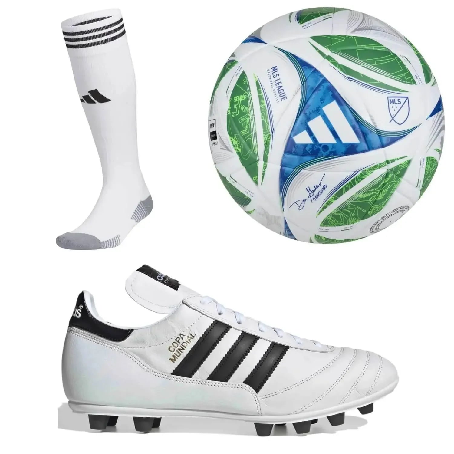 adidas Men's Copa Mundial Firm Ground White Cleats/Socks/Ball Bundle