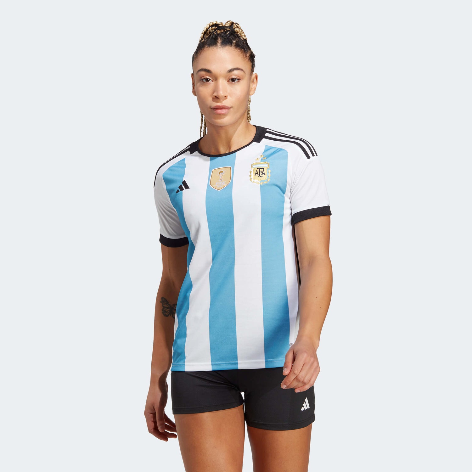 adidas 2022-23 Argentina Womens Home Jersey World Cup 3 Star - White - Light Blue (Model - Front)