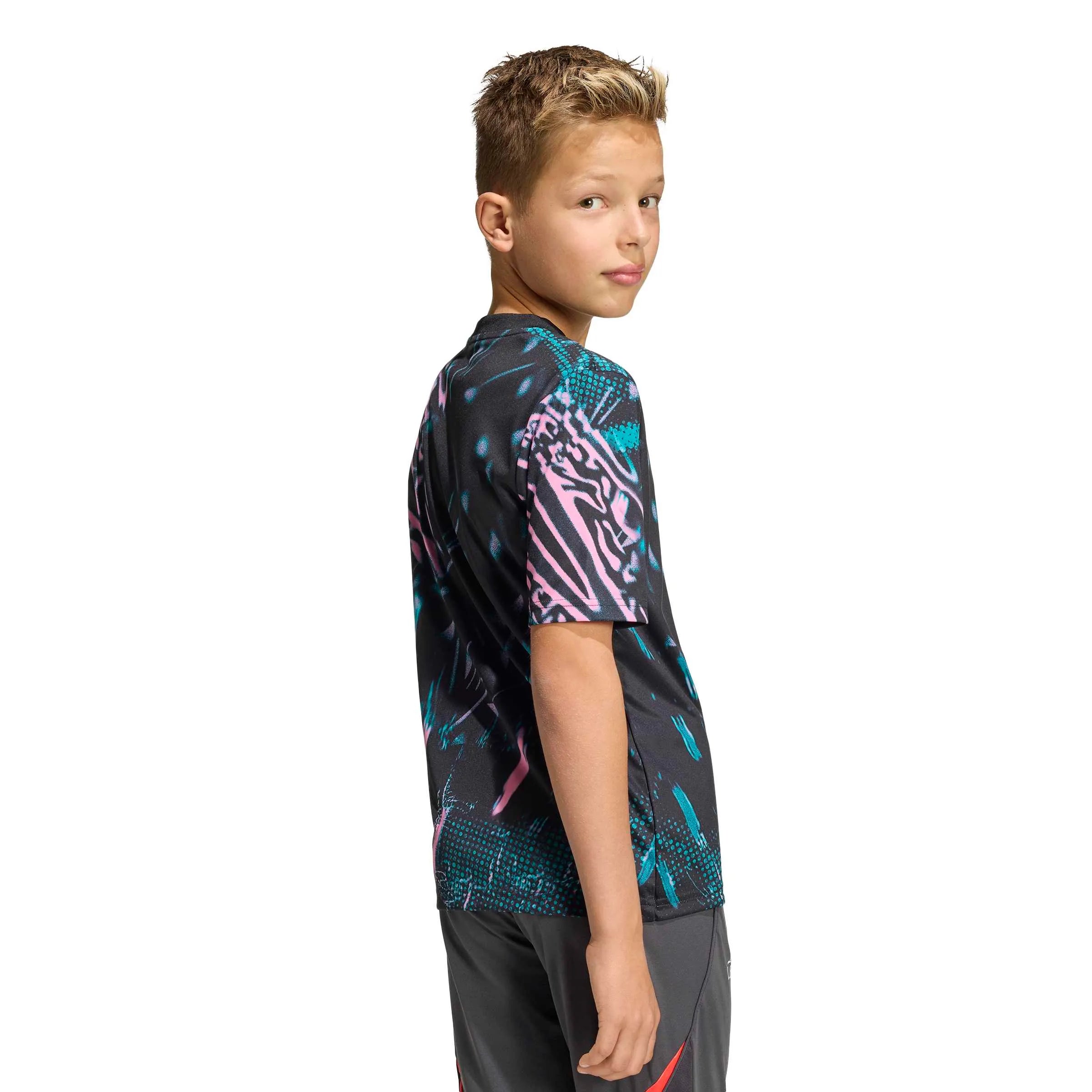 adidas 2025-26 Liverpool Youth Pre-Match Soccer Jersey Black / Eqt Green / Semi Pink Glow (Model - Back)