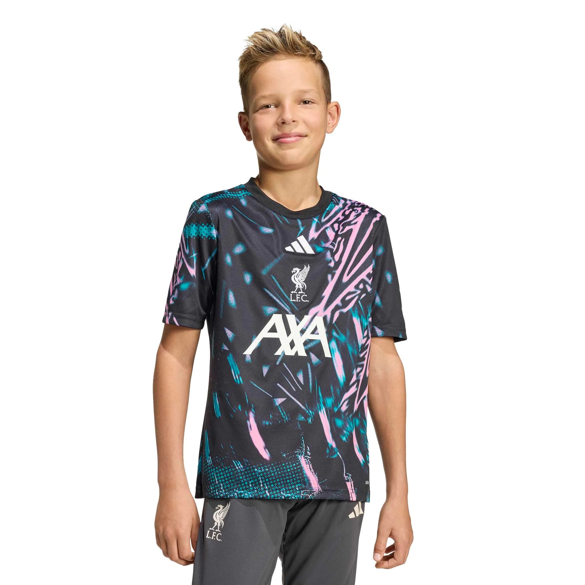 adidas 2025-26 Liverpool Youth Pre-Match Soccer Jersey Black / Eqt Green / Semi Pink Glow (Model - Front)