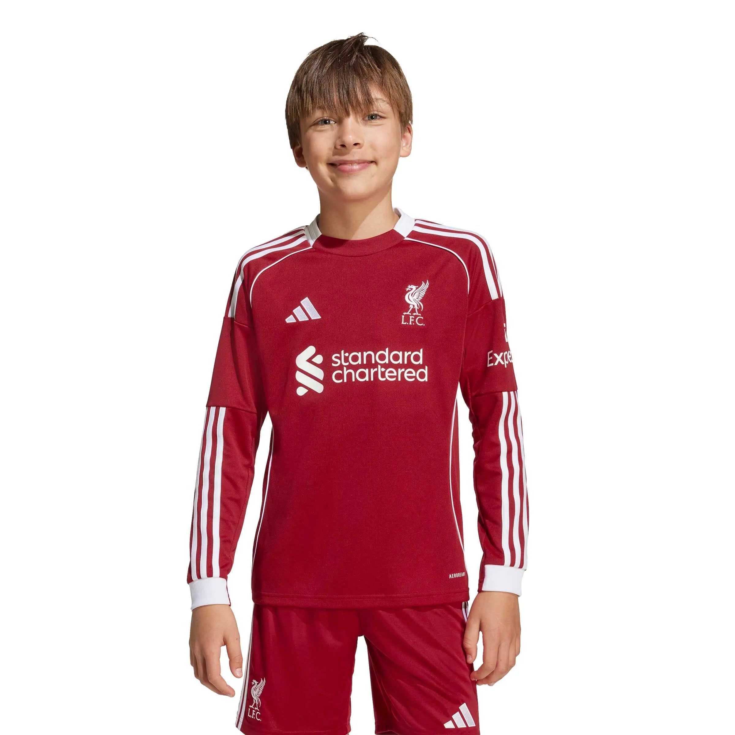 adidas 2025-26 Liverpool Youth Stadium Home Long-Sleeve Soccer Jersey (Model - Front)