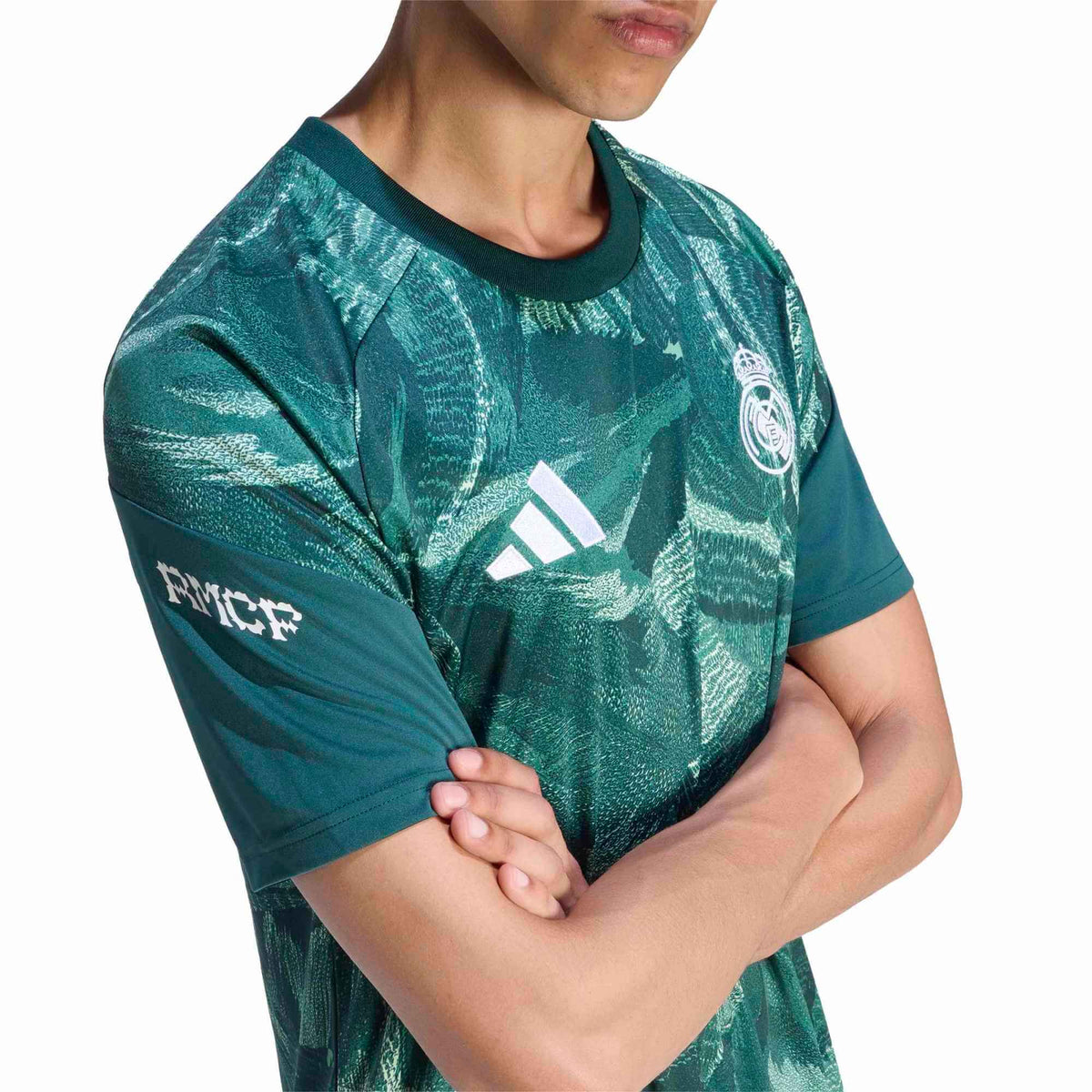 adidas 2026-27 Real Madrid Men's Pre-Match Soccer Jersey Aurora Ivy / Semi Green Spark (Detail 2)