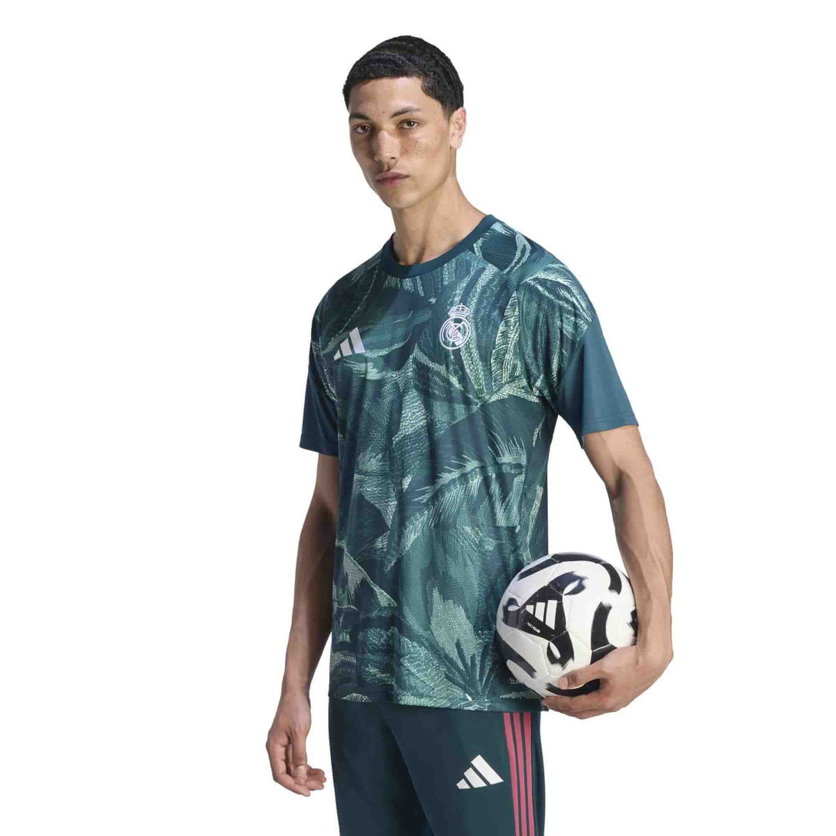 adidas 2026-27 Real Madrid Men's Pre-Match Soccer Jersey Aurora Ivy / Semi Green Spark (Model - Front)