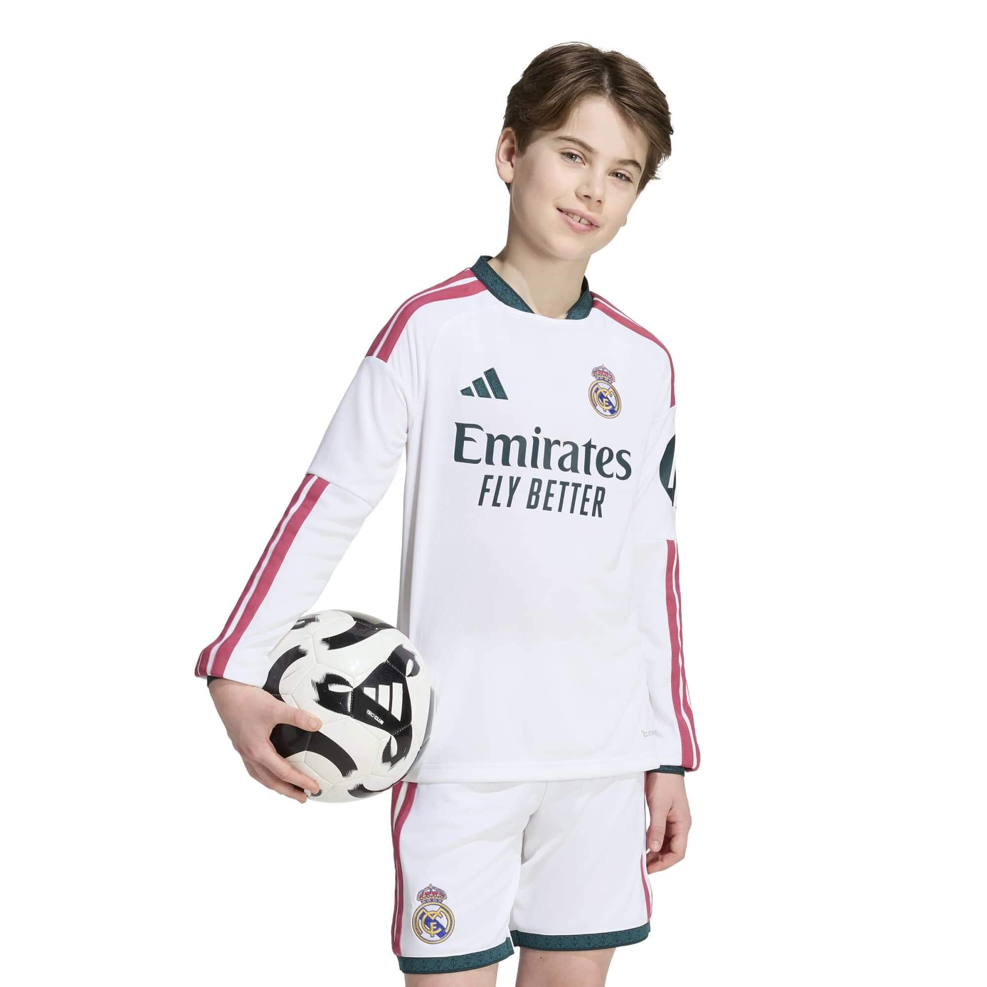 adidas 2026-27 Real Madrid Youth Stadium Home Long-Sleeve Soccer Jersey (Model - Front)
