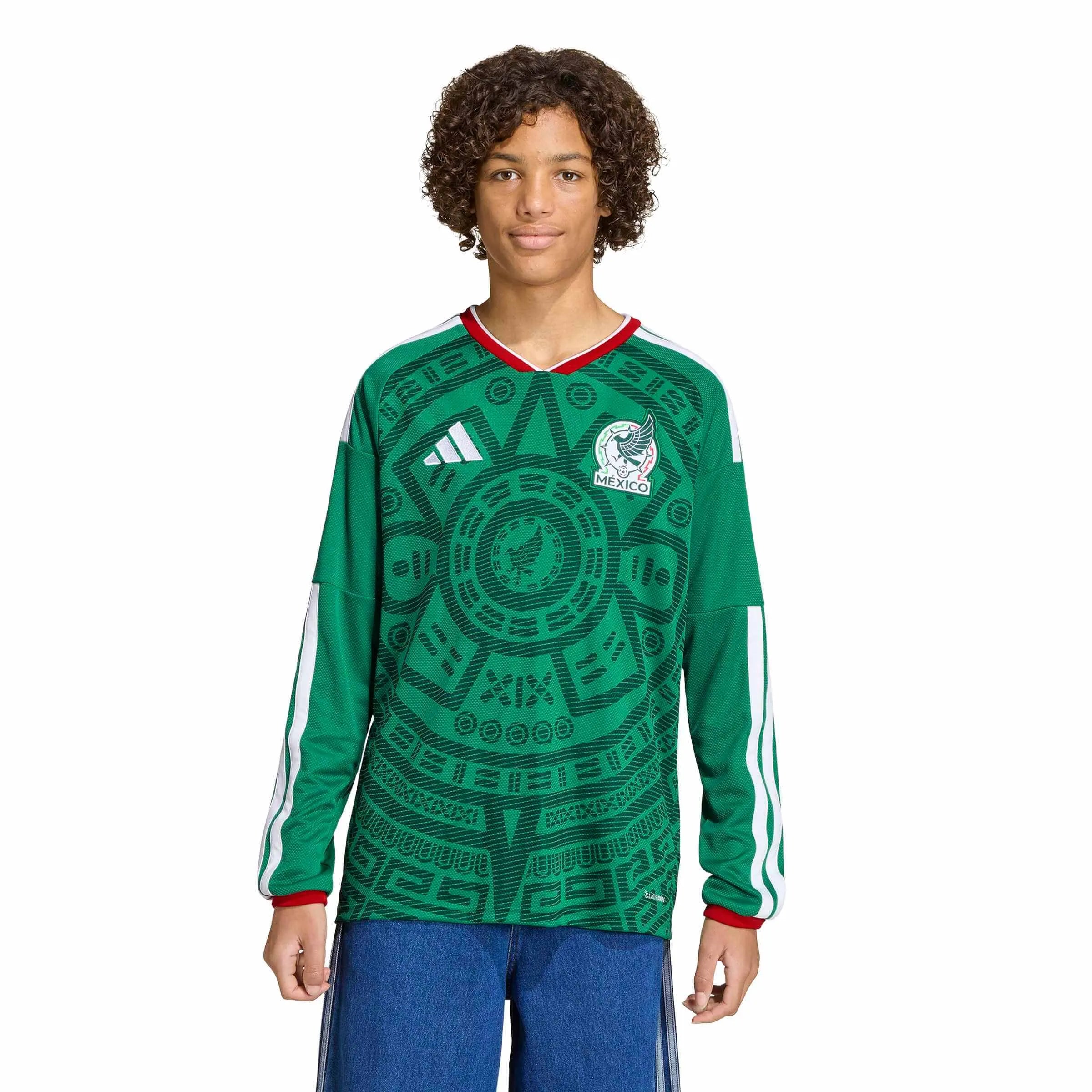 adidas 2026 Mexico Youth Stadium Home Long-Sleeve Soccer Jersey (Model - Front)