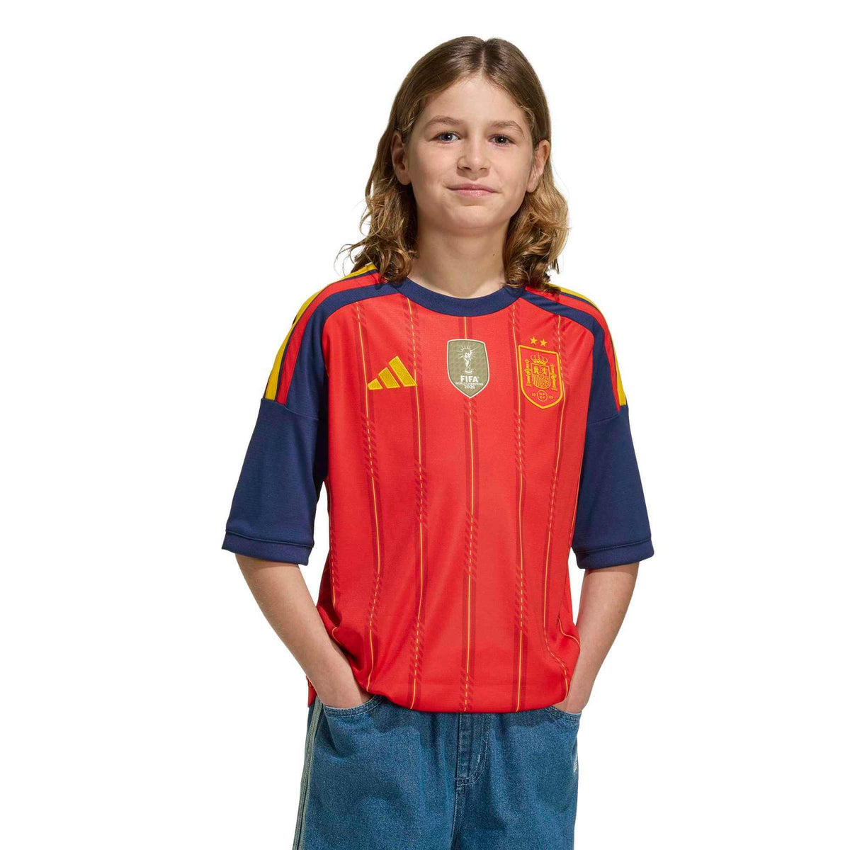 adidas 2026 Spain Youth 2 Star Stadium Home Soccer Jersey (Model - Front)
