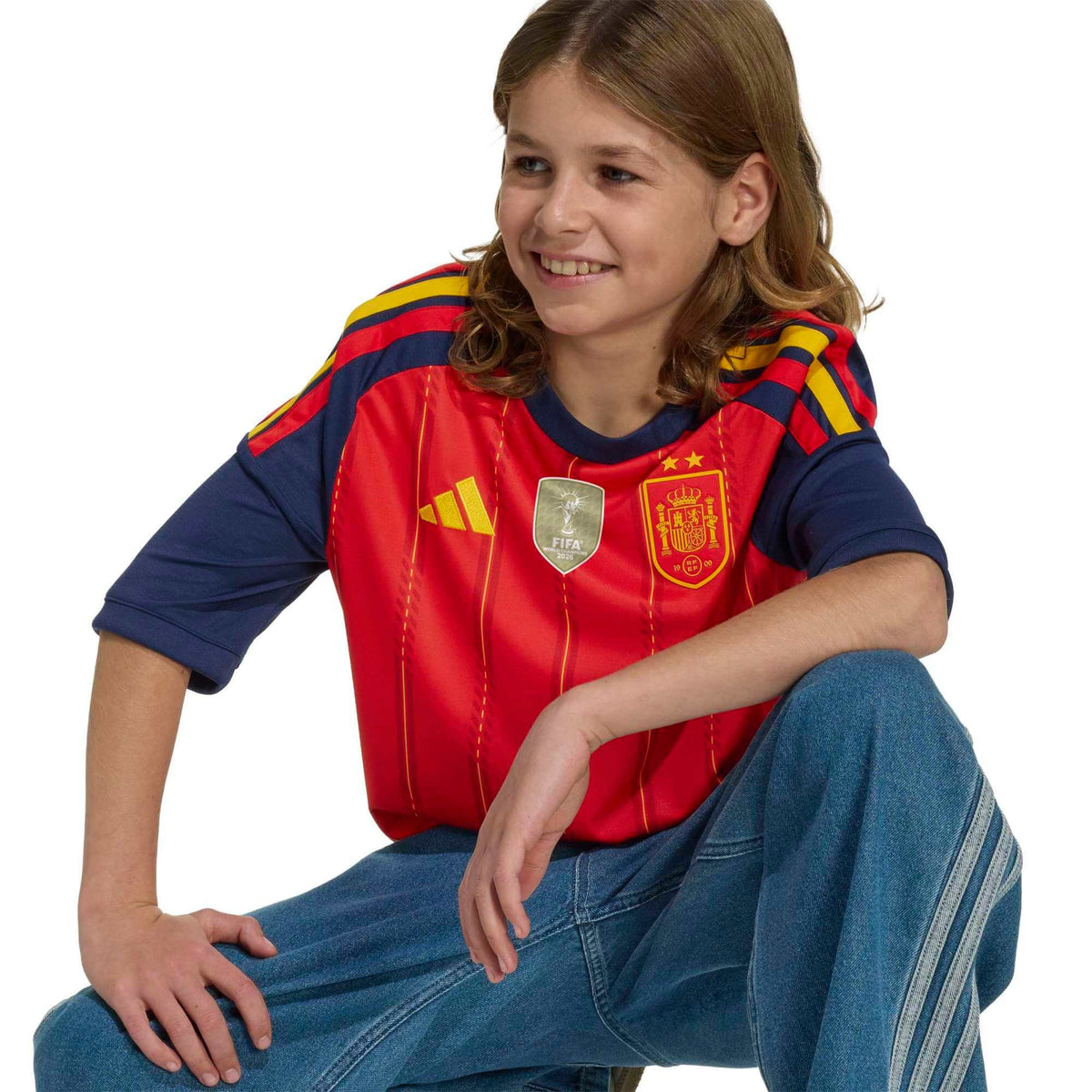 adidas 2026 Spain Youth 2 Star Stadium Home Soccer Jersey (Model - Side)