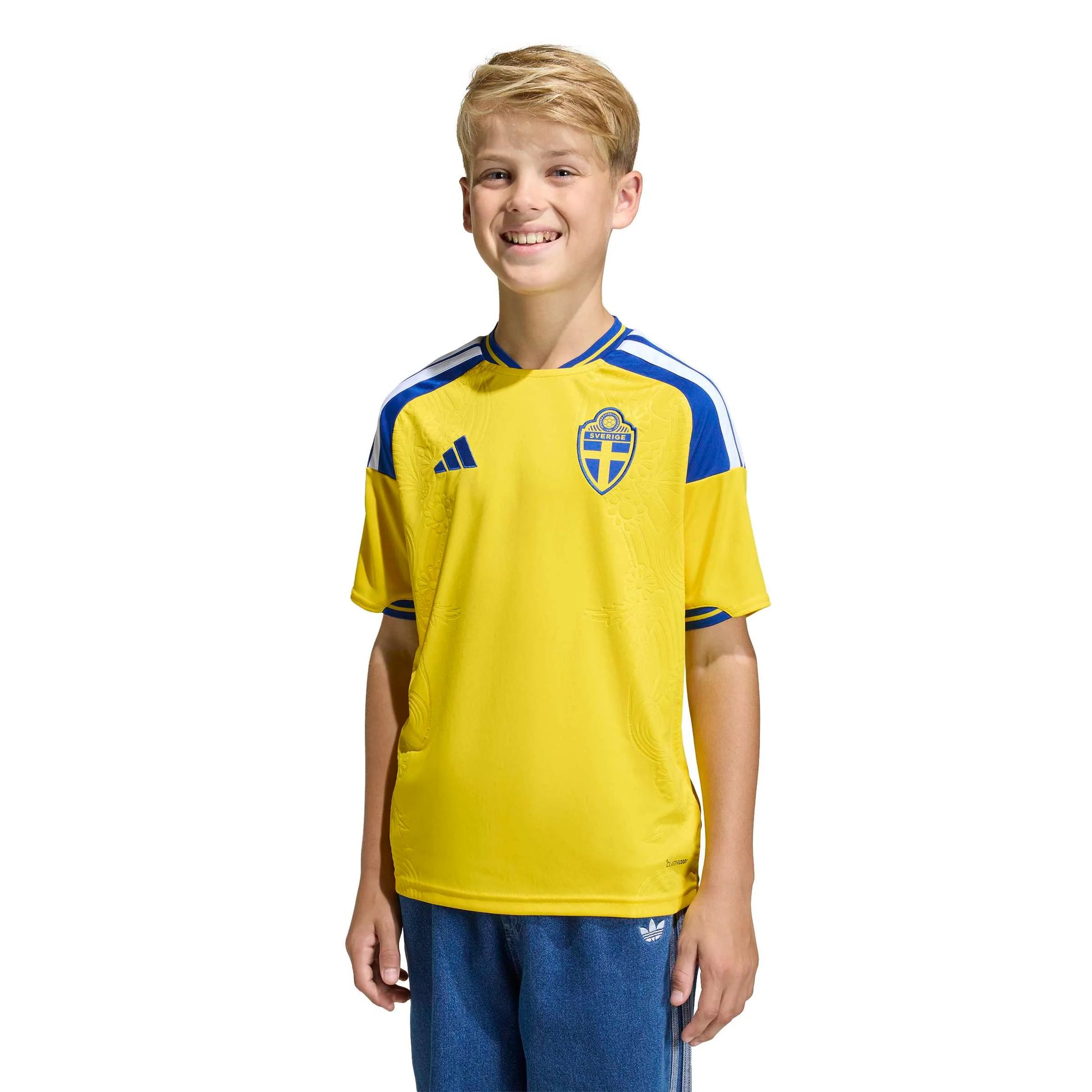 adidas 2026 Sweden Youth Stadium Home Soccer Jersey (Model - Front)