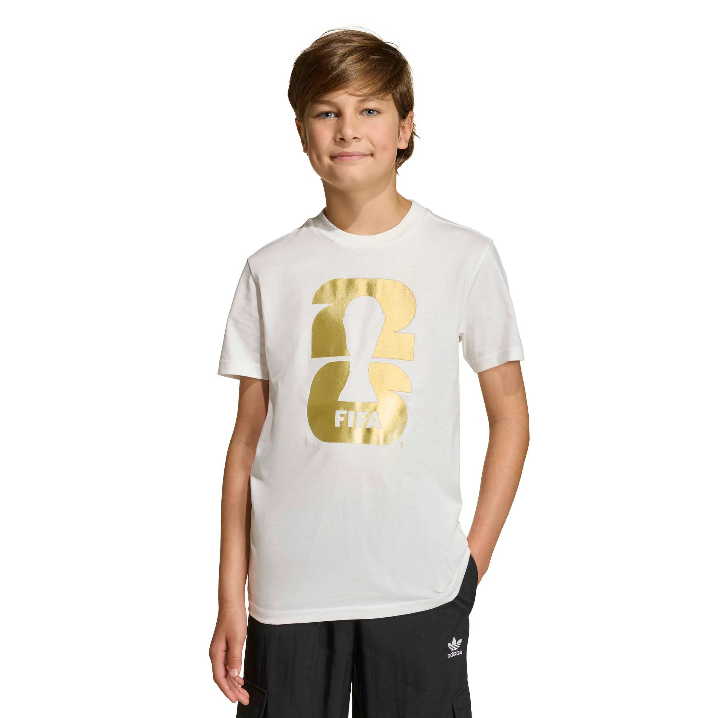 adidas 2026 World Cup Youth Official Emblem Tee White (Model - Front)