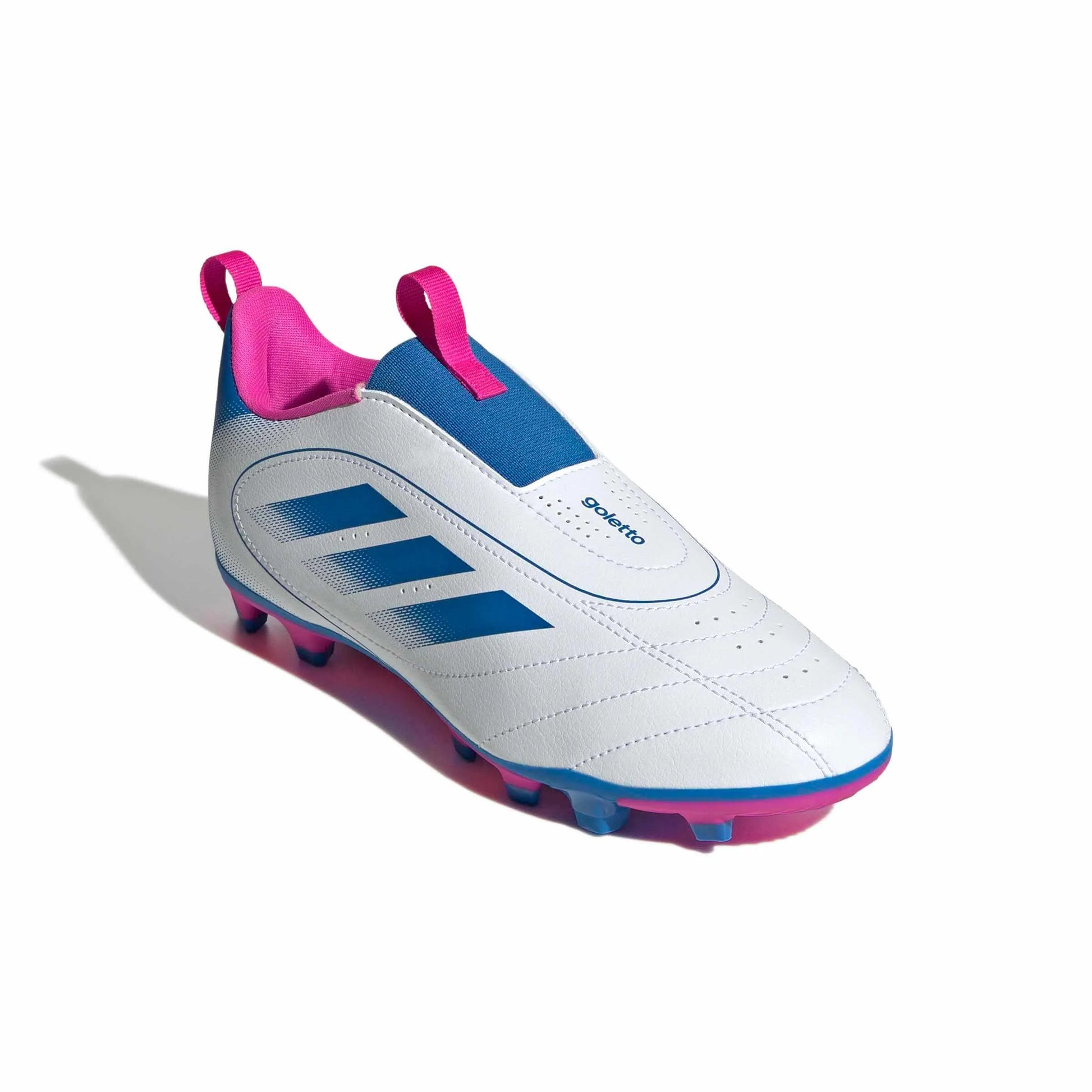 adidas Kid's Goletto IX Laceless Firm-Multi Ground Soccer Cleats Cloud White / Bright Royal / Team Shock Pink 2 (Lateral - Front)